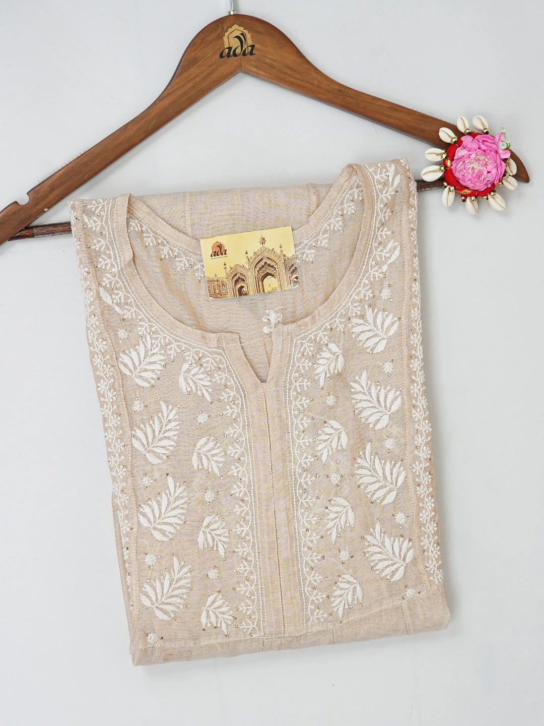 Ada Hand Embroidered Fawn Tissue Lucknowi Chikankari Semi-Stitched Kurta Piece with Muqaish Work 01A397690