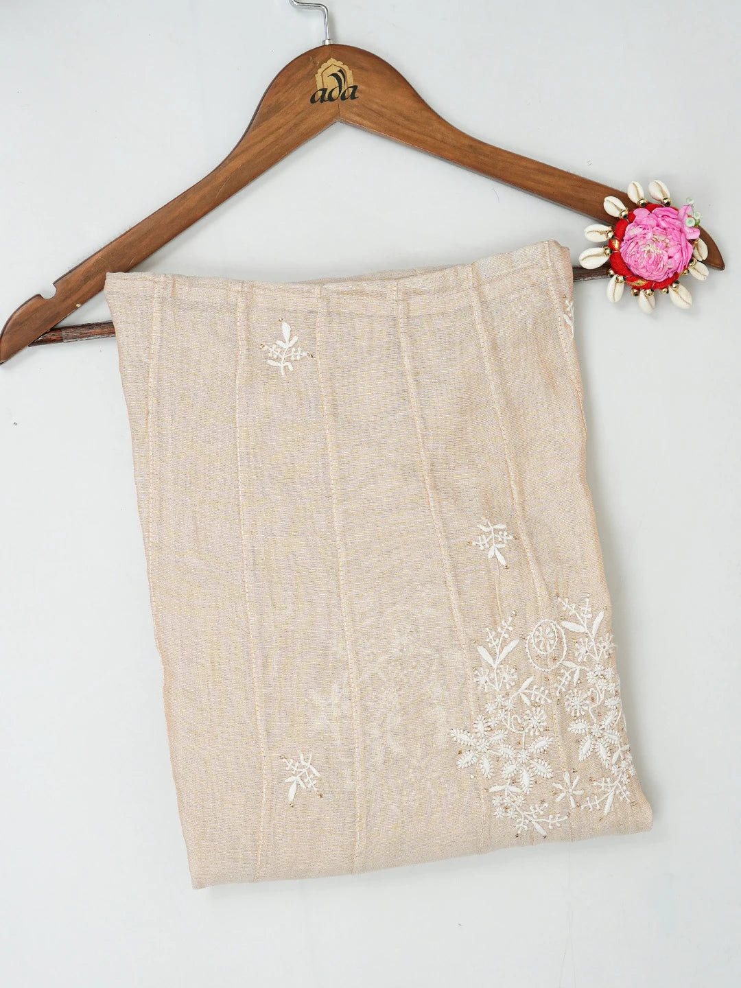 Ada Hand Embroidered Fawn Tissue Lucknowi Chikankari Semi-Stitched Kurta Piece with Muqaish Work 01A397695