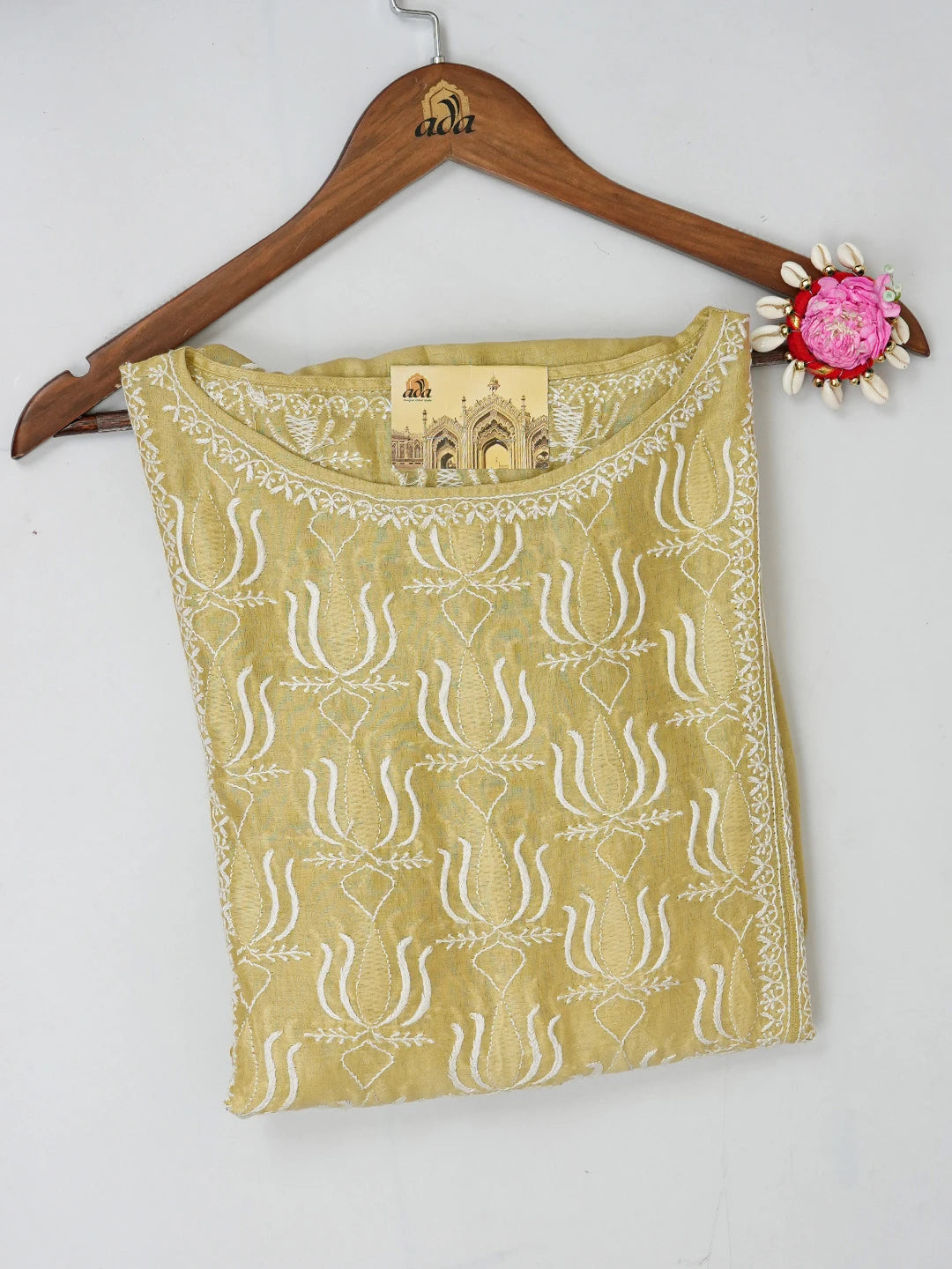 Ada Hand Embroidered Mehndi Green Chanderi Lucknowi Chikankari Semi-Stitched Kurta Piece 01A122421