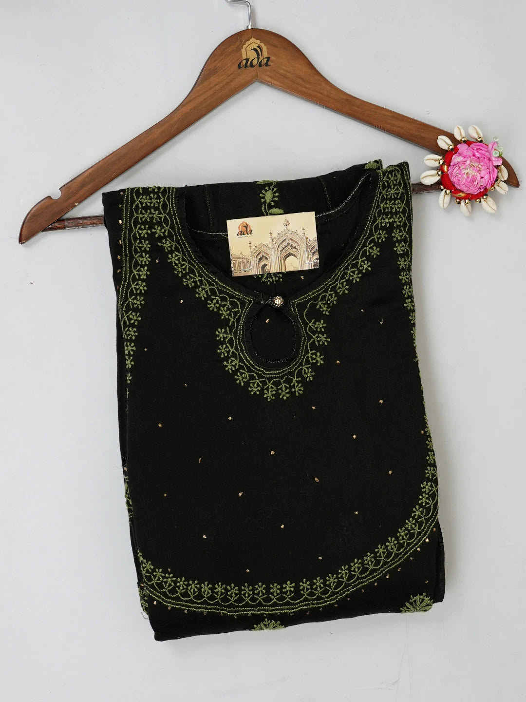 Ada Hand Embroidered Black Chanderi Lucknowi Chikankari Semi-Stitched Kurta Piece with Muqaish Work 01A174969