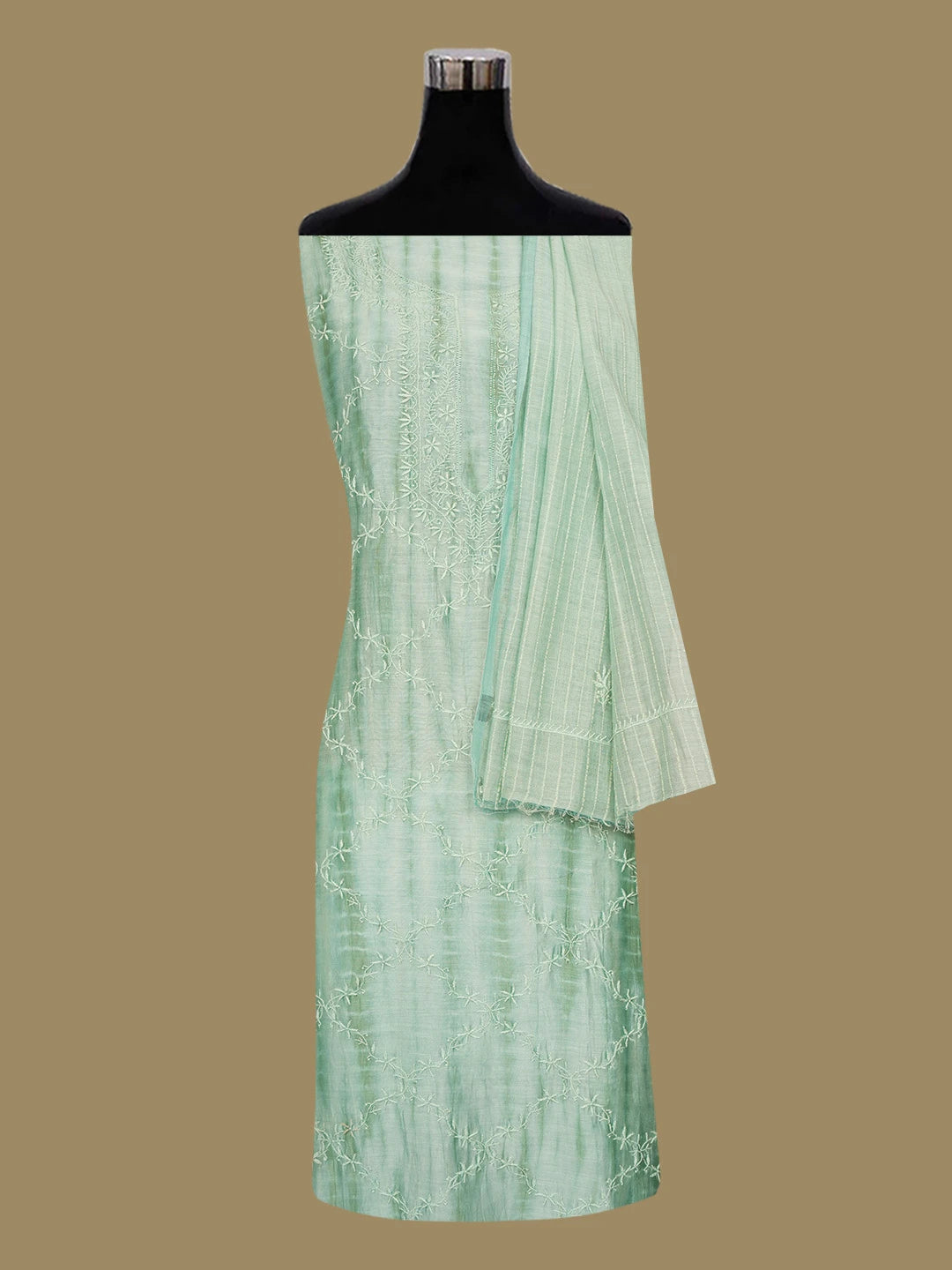 Ada Hand Embroidered Teal Green Chanderi Lucknowi Chikankari Unstitched Kurta Dupatta Set 01A641920