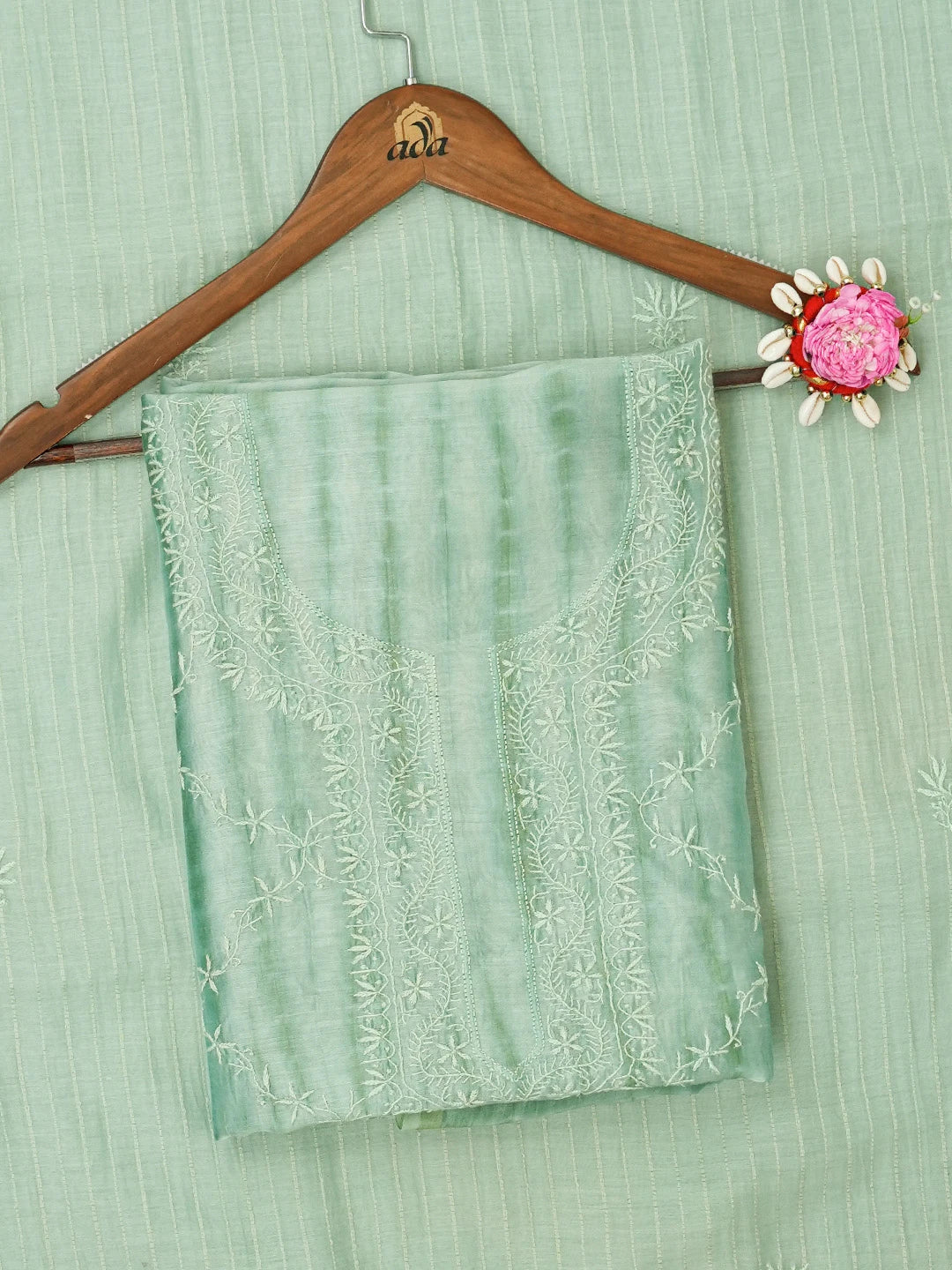 Ada Hand Embroidered Teal Green Chanderi Lucknowi Chikankari Unstitched Kurta Dupatta Set 01A641920