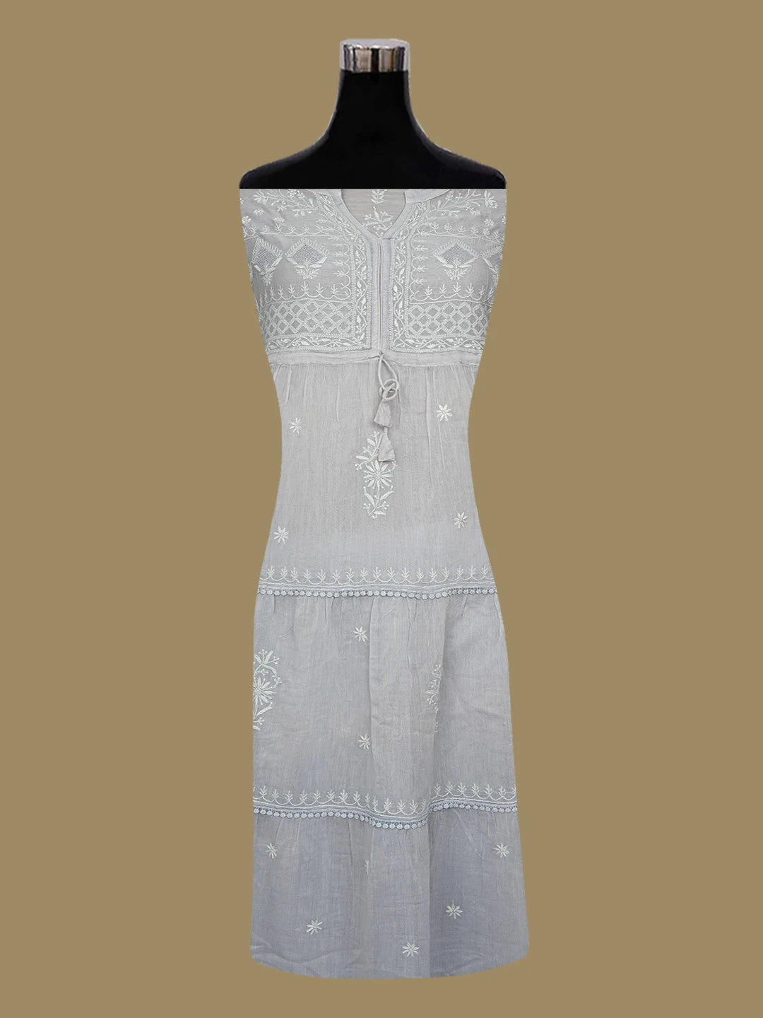 Ada Hand Embroidered Grey Chanderi Lucknowi Chikankari Semi-Stitched Kurta Piece 01A559583