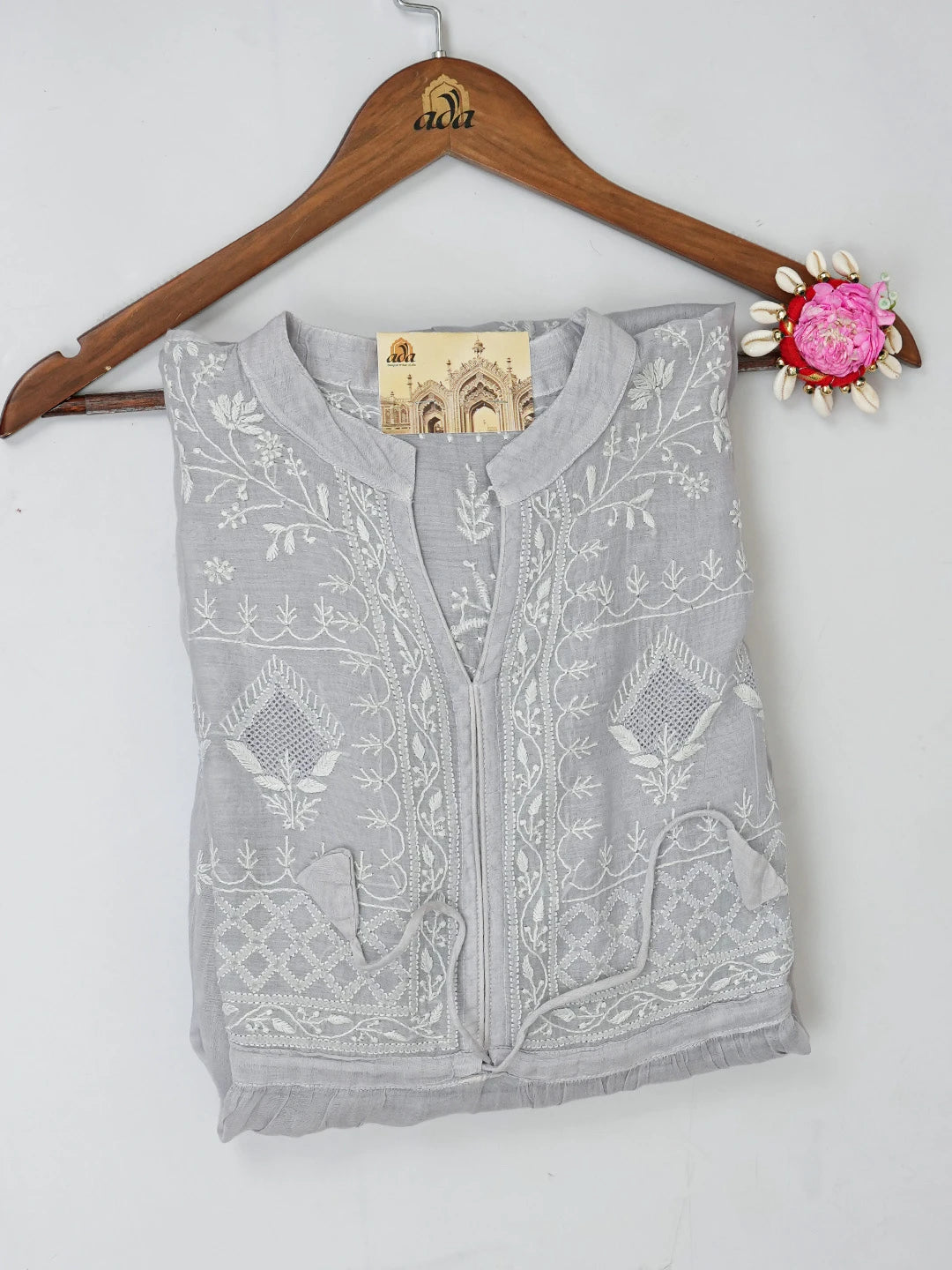 Ada Hand Embroidered Grey Chanderi Lucknowi Chikankari Semi-Stitched Kurta Piece 01A559583