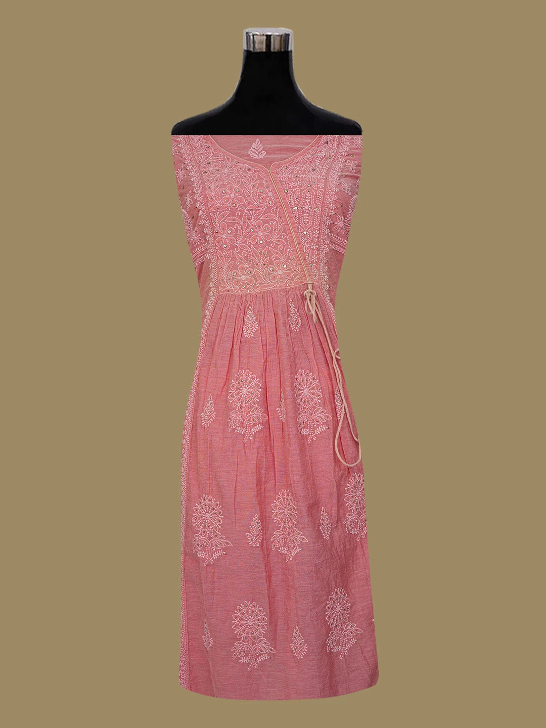 Ada Hand Embroidered Peach Chanderi Lucknowi Chikankari Semi-Stitched Kurta Piece with Muqaish Work 01A291383