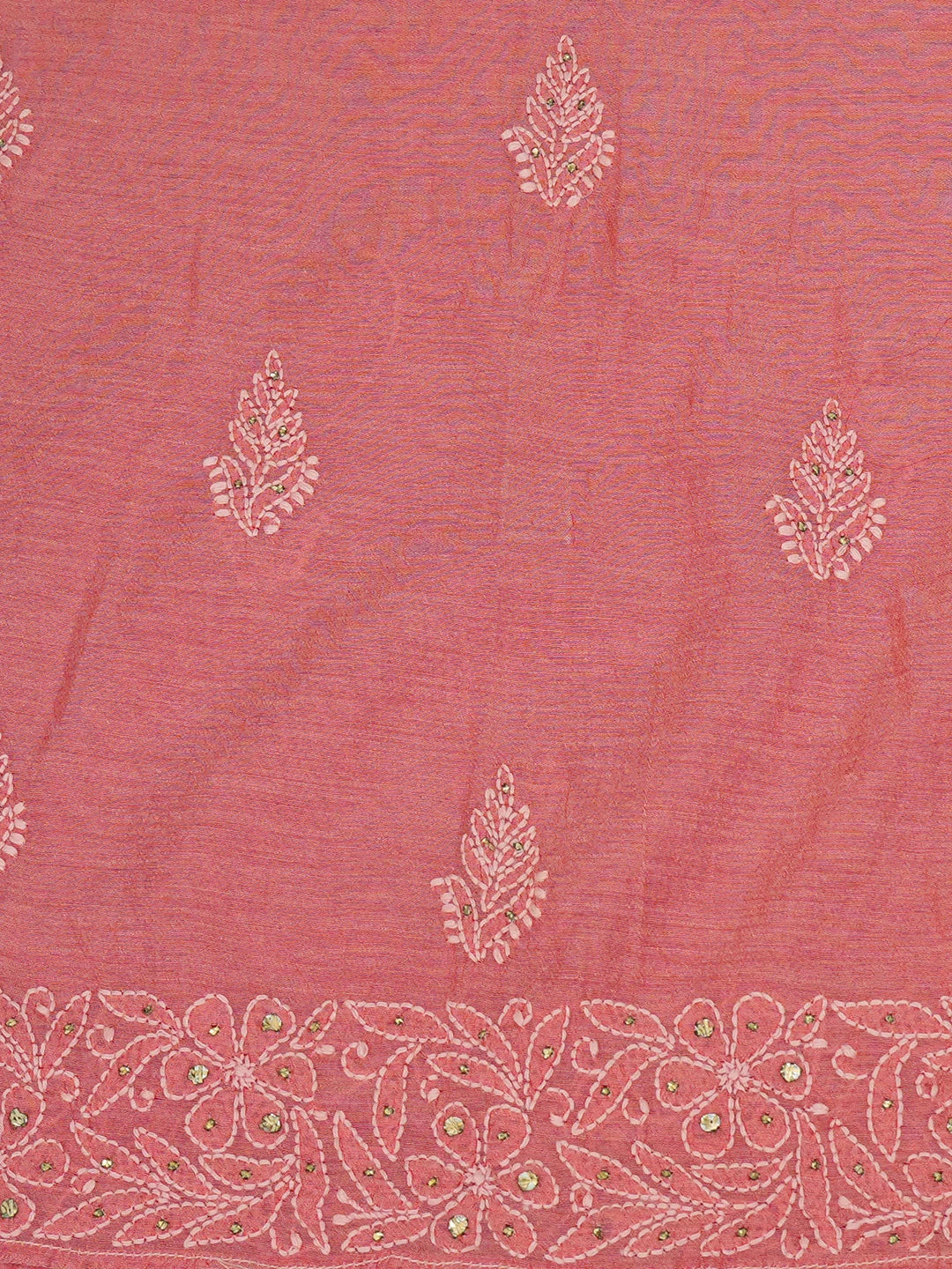 Ada Hand Embroidered Peach Chanderi Lucknowi Chikankari Semi-Stitched Kurta Piece with Muqaish Work 01A291383
