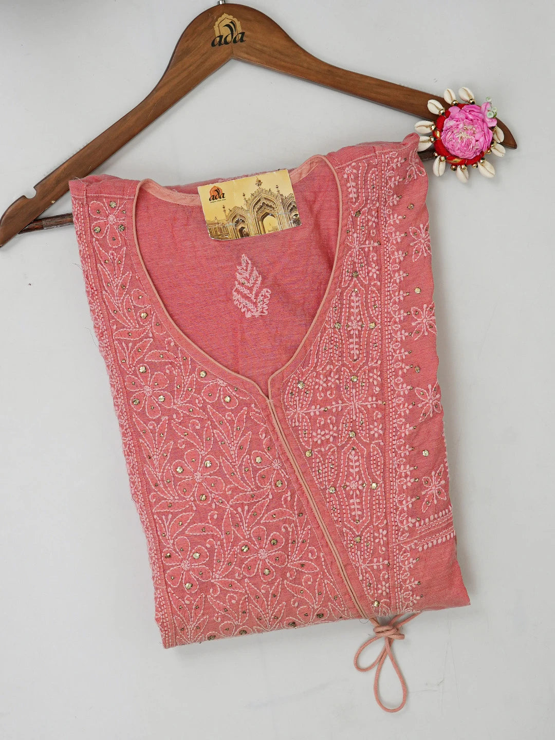 Ada Hand Embroidered Peach Chanderi Lucknowi Chikankari Semi-Stitched Kurta Piece with Muqaish Work 01A291383