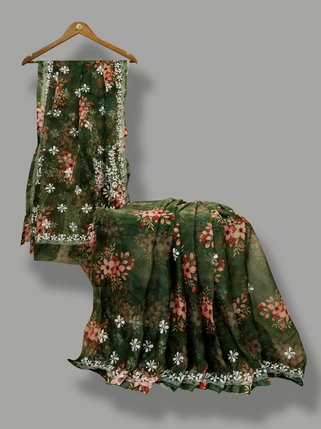 Ada Hand Embroidered Bottle Green Organza Floral Printed Lucknowi Chikankari Saree and Blouse 01A621180