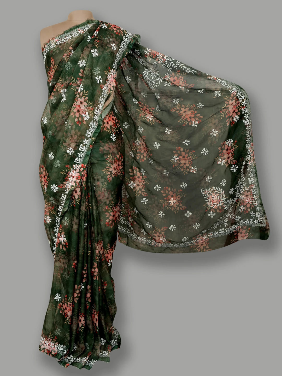 Ada Hand Embroidered Bottle Green Organza Floral Printed Lucknowi Chikankari Saree and Blouse 01A621180