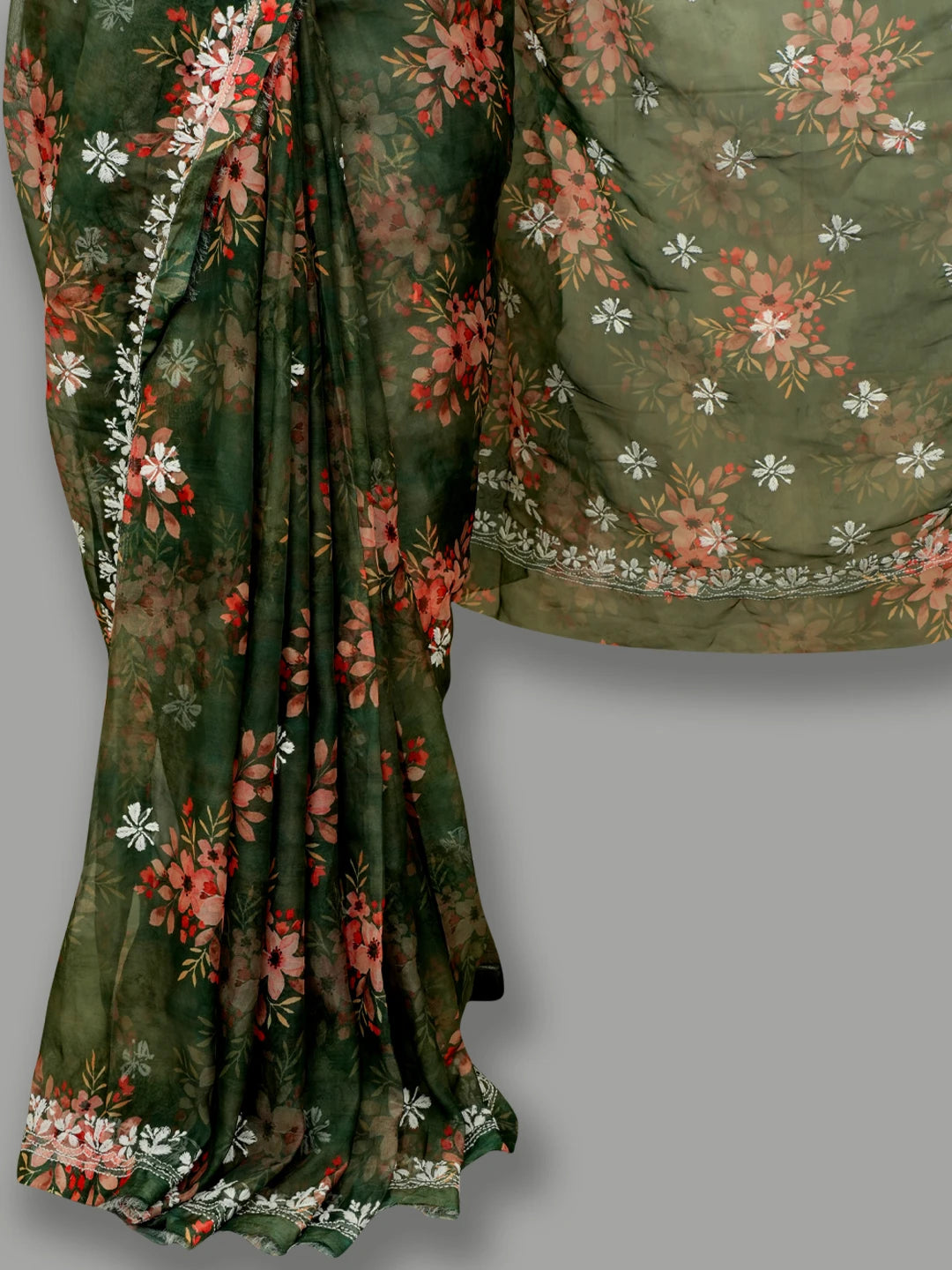 Ada Hand Embroidered Bottle Green Organza Floral Printed Lucknowi Chikankari Saree and Blouse 01A621180