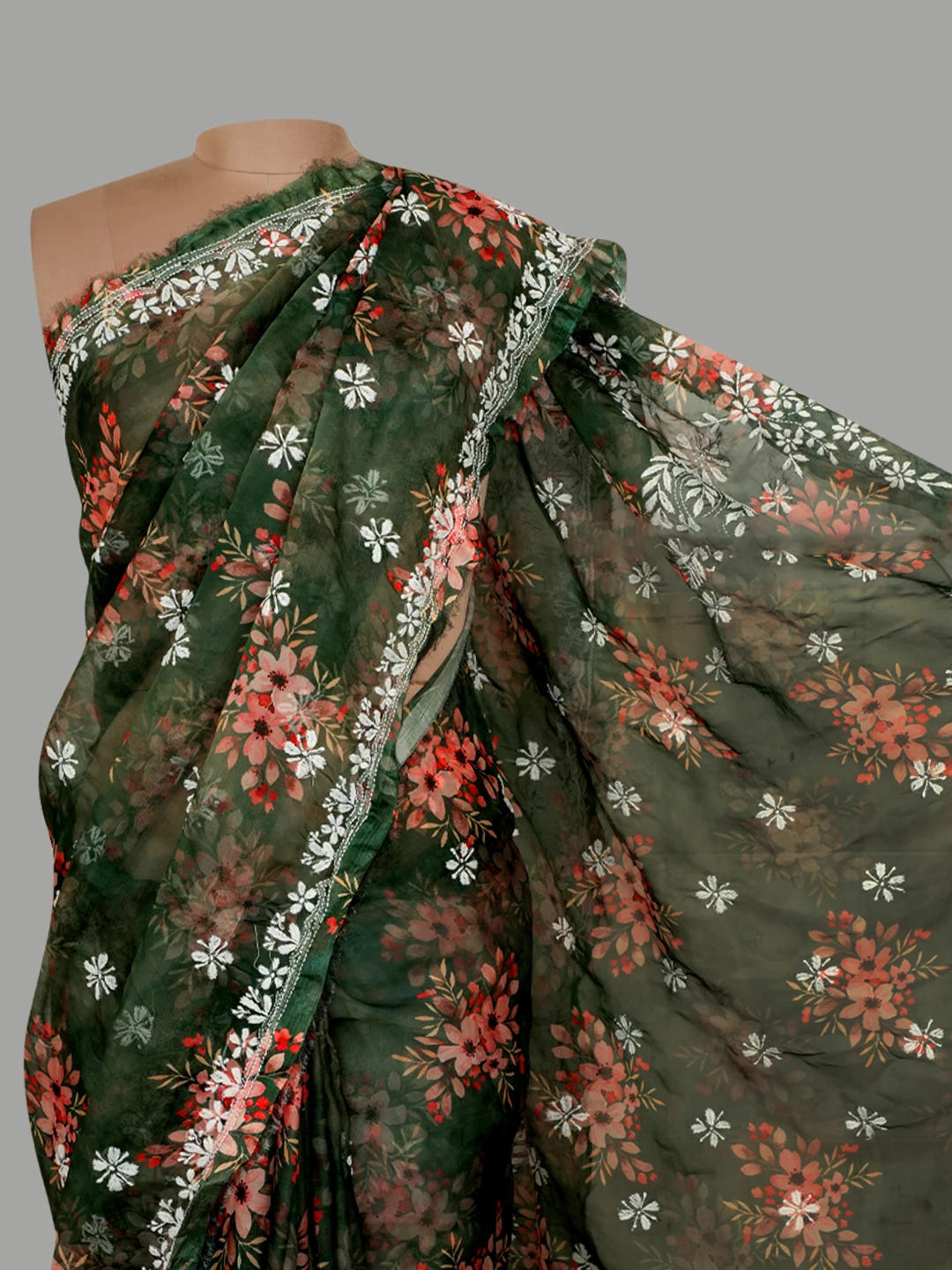 Ada Hand Embroidered Bottle Green Organza Floral Printed Lucknowi Chikankari Saree and Blouse 01A621180