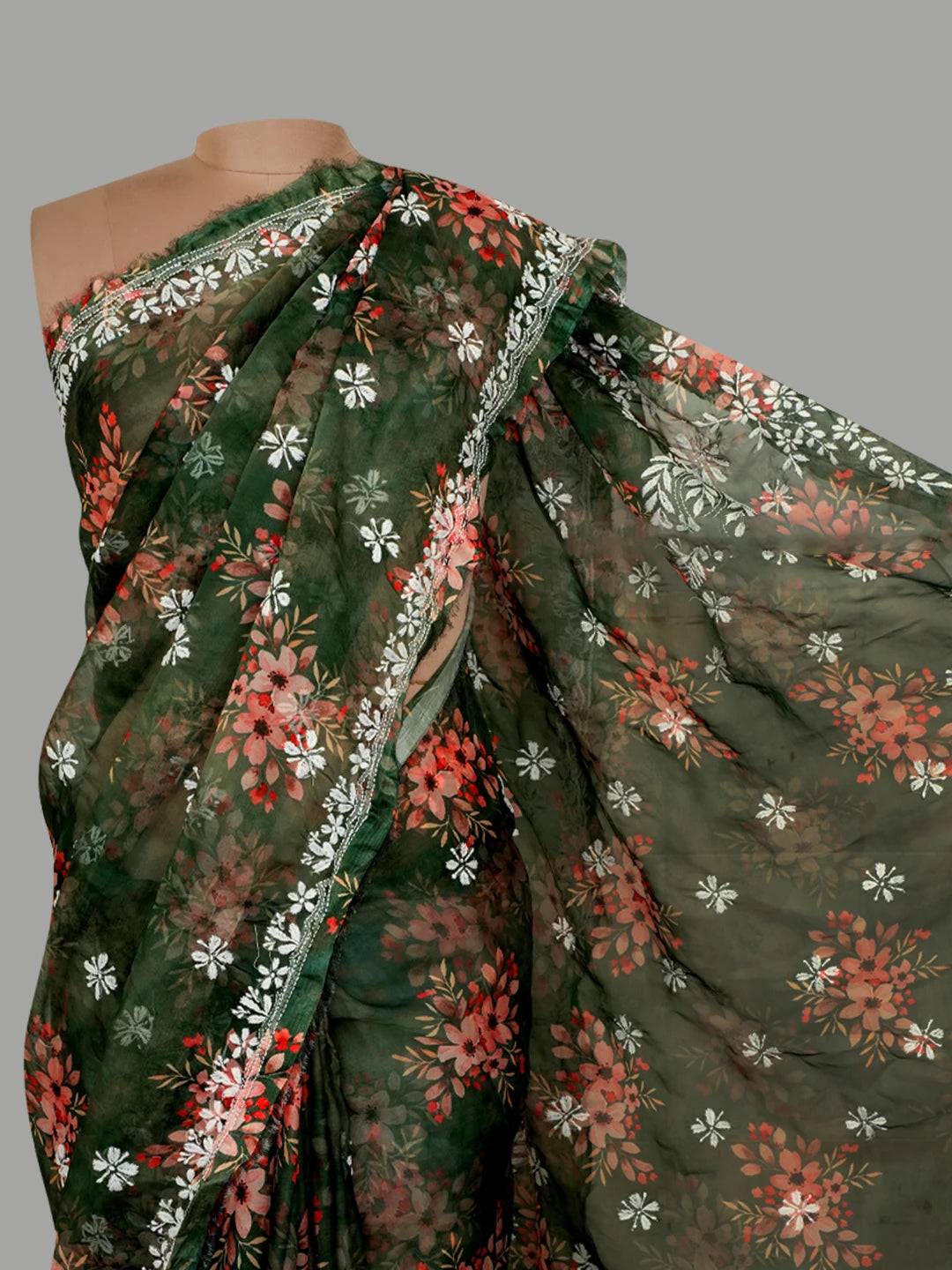 Ada Hand Embroidered Bottle Green Organza Floral Printed Lucknowi Chikankari Saree and Blouse 01A621180