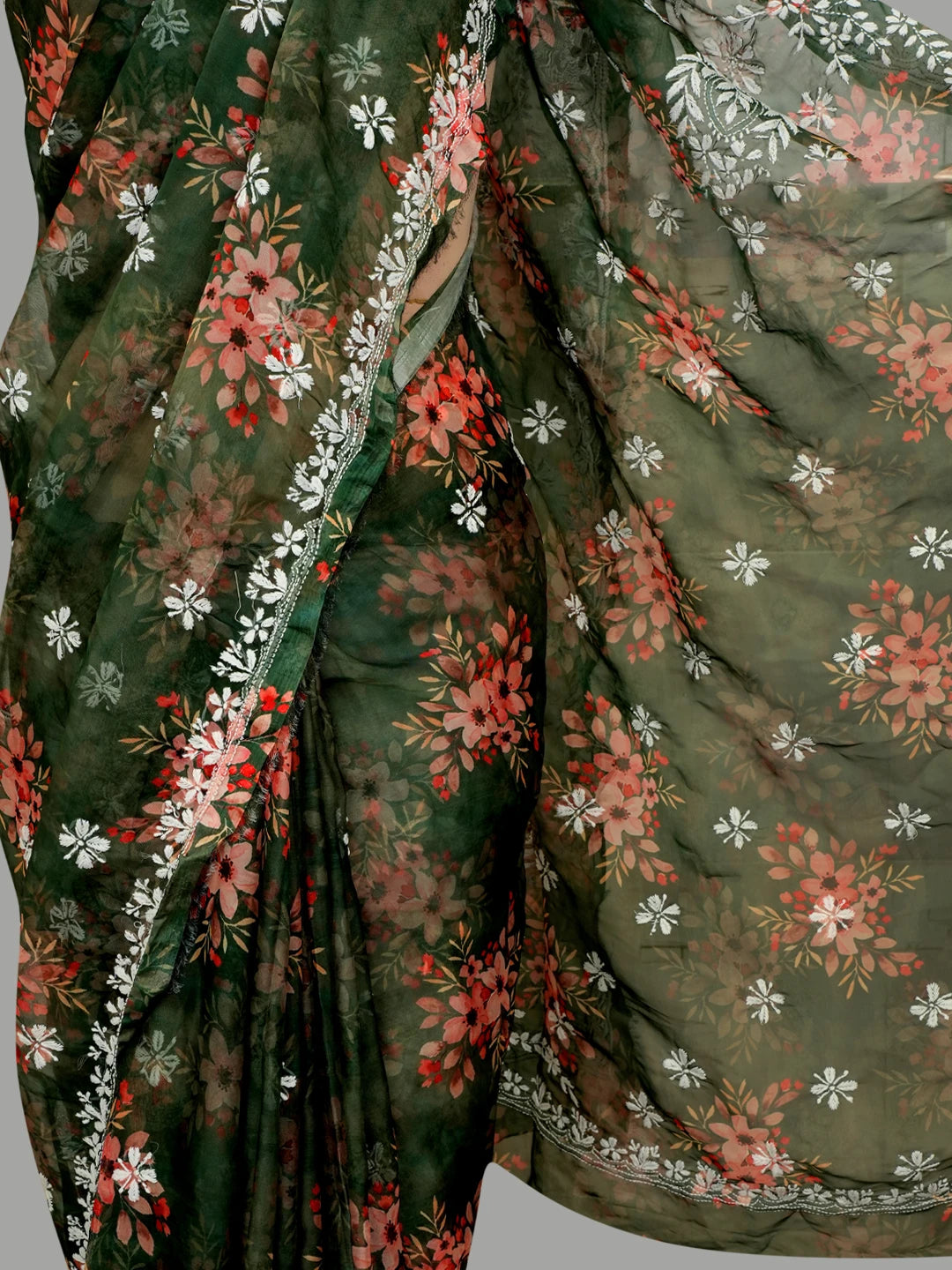 Ada Hand Embroidered Bottle Green Organza Floral Printed Lucknowi Chikankari Saree and Blouse 01A621180