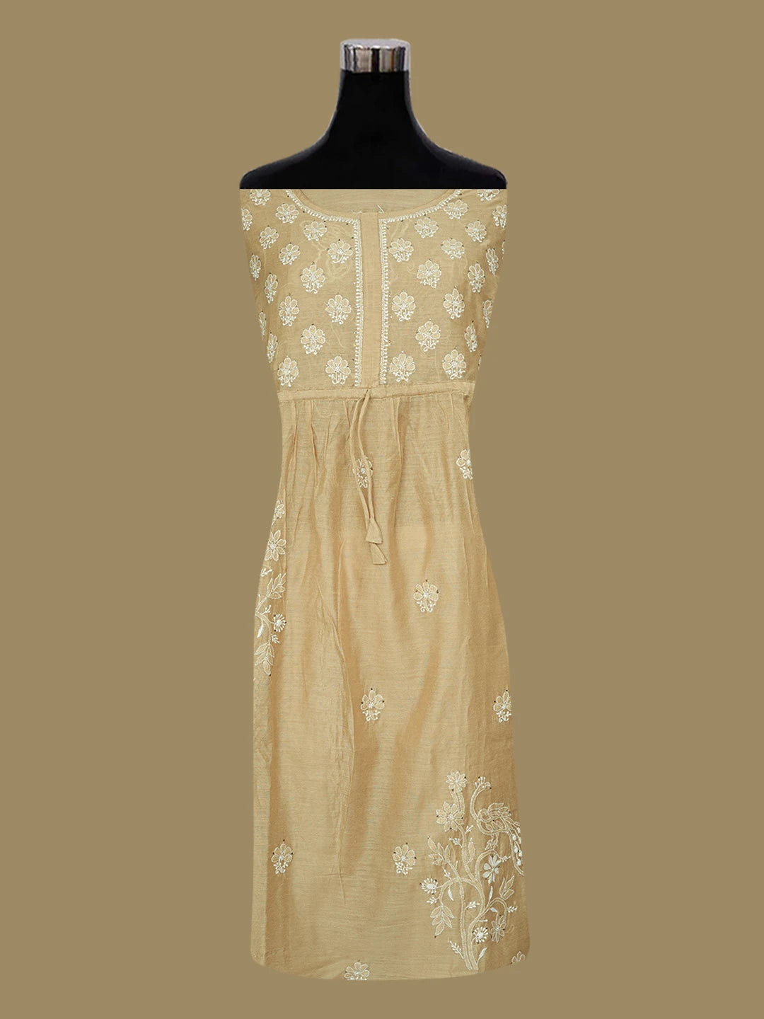 Ada Hand Embroidered Fawn Chanderi Lucknowi Chikankari A Line Kurta With Muqaish Work 01A512696