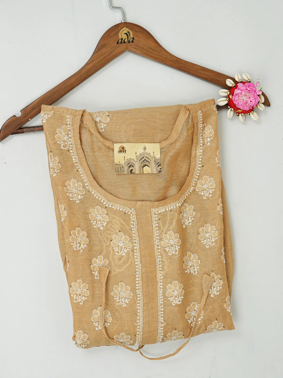 Ada Hand Embroidered Fawn Chanderi Lucknowi Chikankari A Line Kurta With Muqaish Work 01A512696