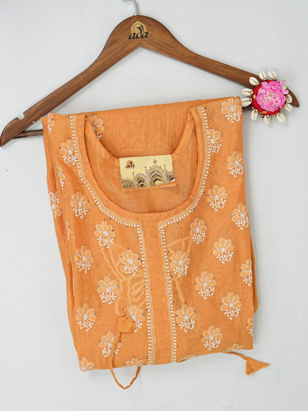 Ada Hand Embroidered Mustard Chanderi Lucknowi Chikankari A Line Kurta With Muqaish Work 01A512692
