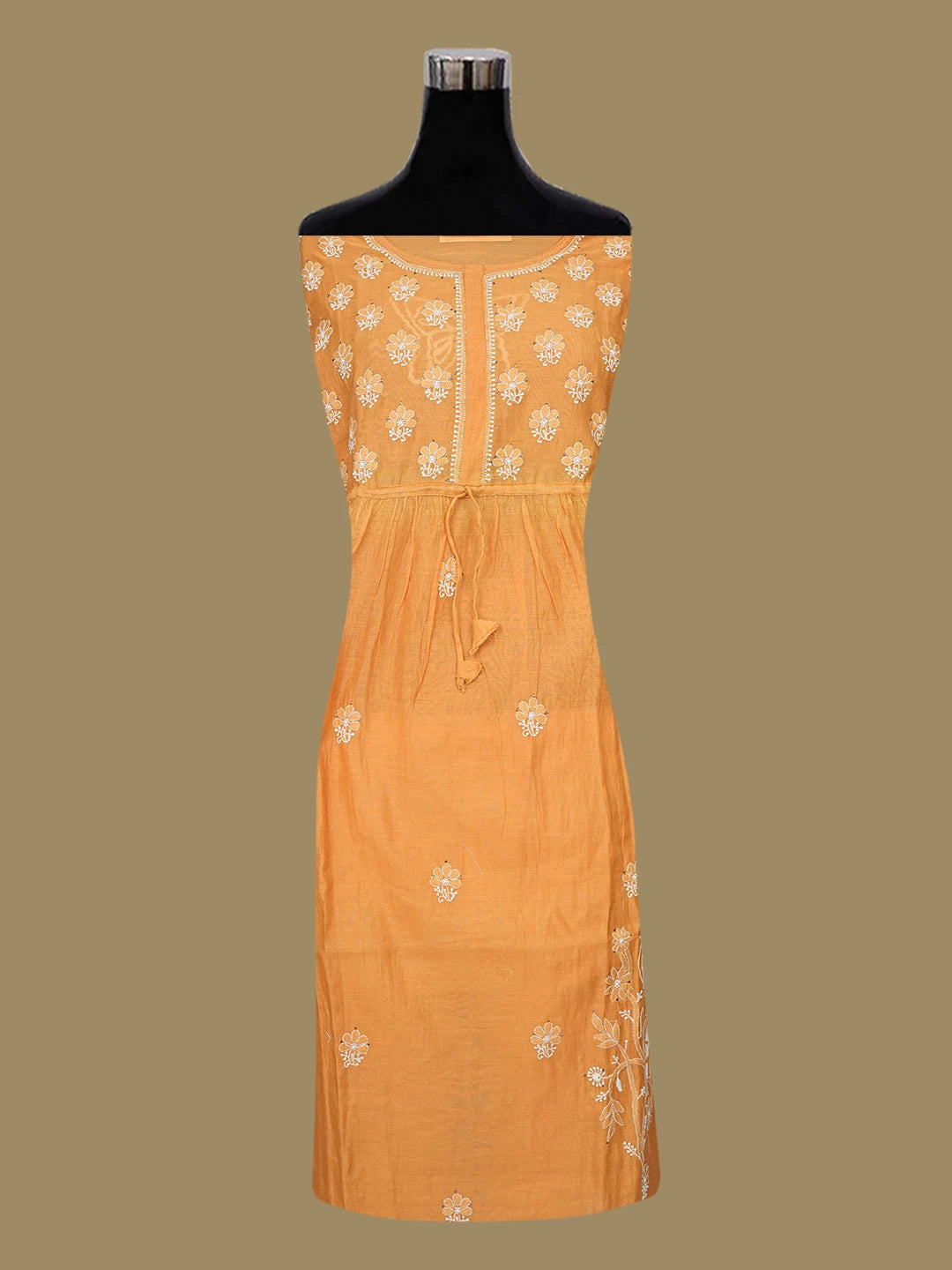 Ada Hand Embroidered Mustard Chanderi Lucknowi Chikankari A Line Kurta With Muqaish Work 01A512692