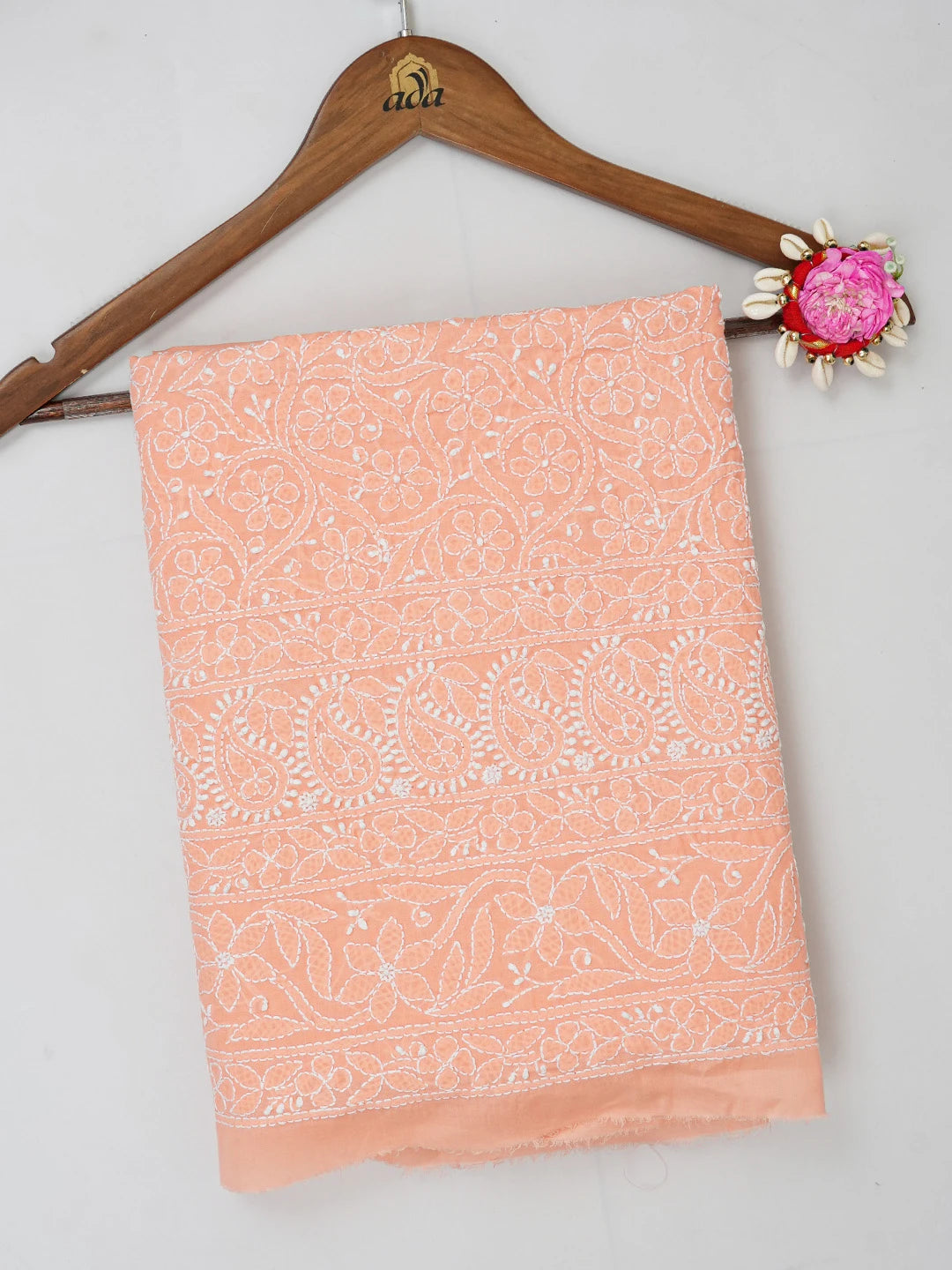 Ada Hand Embroidered Peach Cotton Lucknowi Chikankari Unstitched Kurta Piece 01A607293