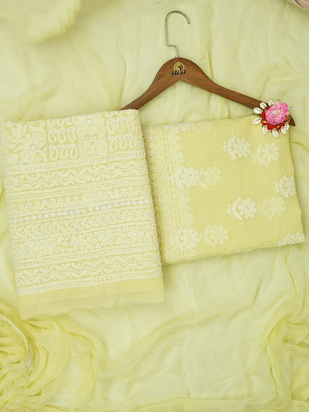 Ada Hand Embroidered Lime Green Cotton Lucknowi Chikankari Unstitched Suit Piece 01A670314