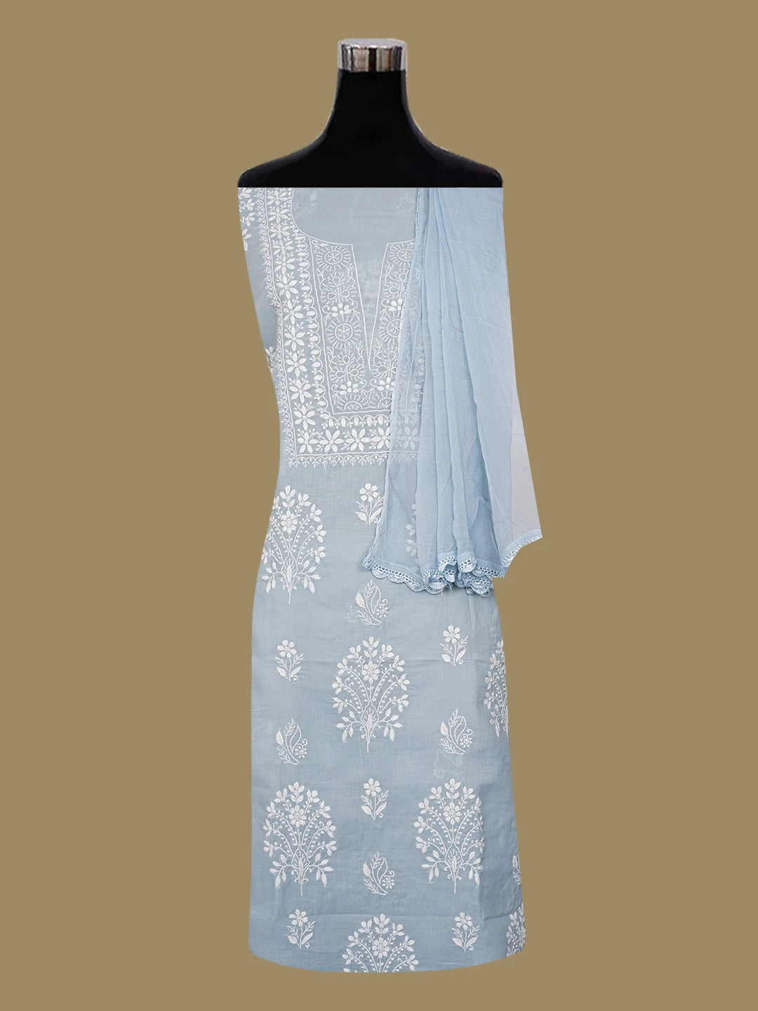 Ada Hand Embroidered Grey Cotton Lucknowi Chikankari Unstitched Suit Piece 01A670310