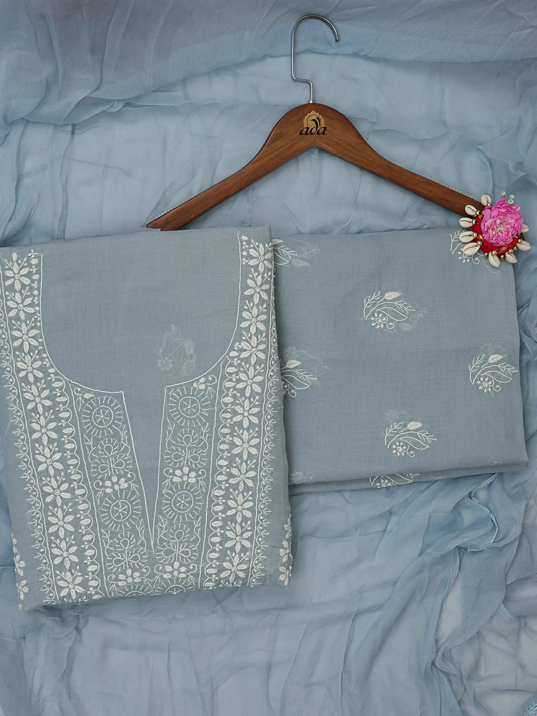 Ada Hand Embroidered Grey Cotton Lucknowi Chikankari Unstitched Suit Piece 01A670310