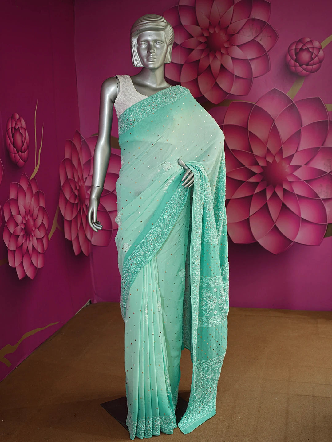 Ada Hand Embroidered Sea Green Pure Georgette Lucknowi Chikankari Saree and Blouse With Mukaish Work 01A449579