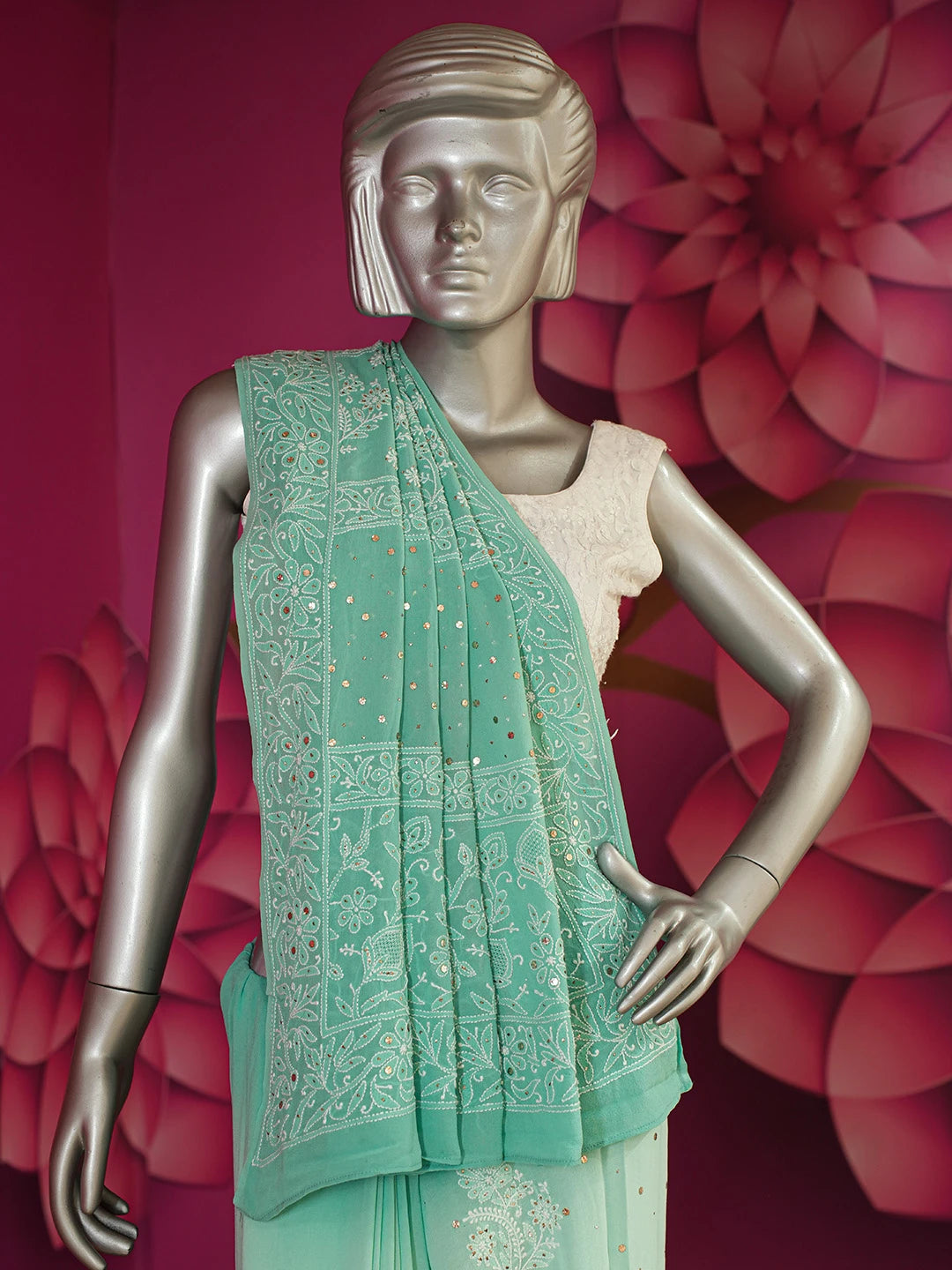 Ada Hand Embroidered Sea Green Pure Georgette Lucknowi Chikankari Saree and Blouse With Mukaish Work 01A449579