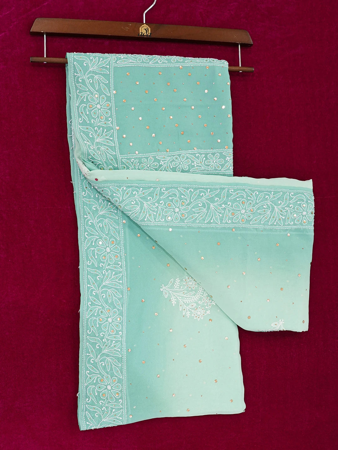 Ada Hand Embroidered Sea Green Pure Georgette Lucknowi Chikankari Saree and Blouse With Mukaish Work 01A449579
