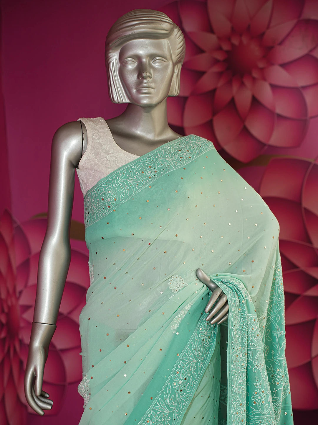 Ada Hand Embroidered Sea Green Pure Georgette Lucknowi Chikankari Saree and Blouse With Mukaish Work 01A449579