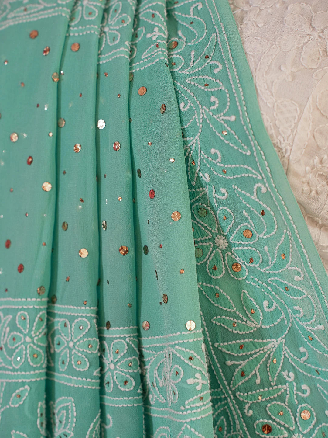 Ada Hand Embroidered Sea Green Pure Georgette Lucknowi Chikankari Saree and Blouse With Mukaish Work 01A449579