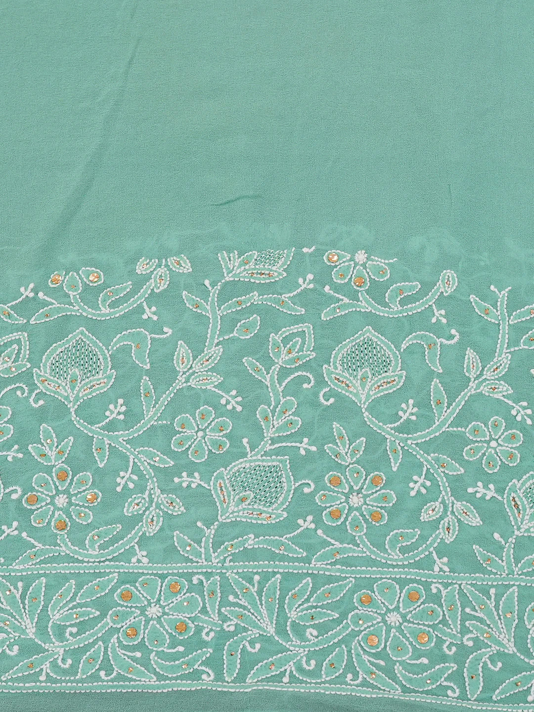 Ada Hand Embroidered Sea Green Pure Georgette Lucknowi Chikankari Saree and Blouse With Mukaish Work 01A449579