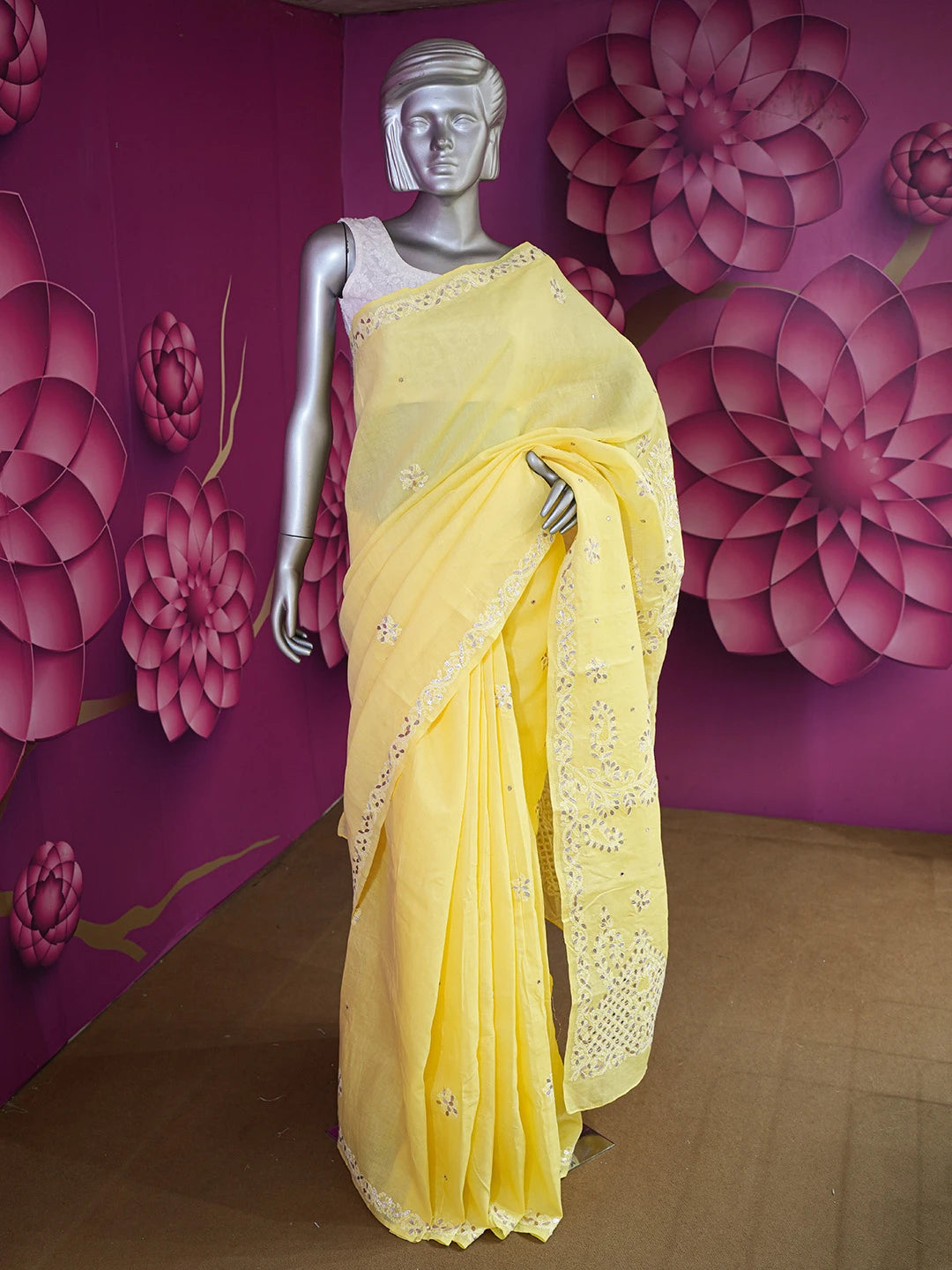 Ada Hand Embroidered Yellow Cotton Lucknowi Chikankari Saree/Blouse With Gota Patti Work 01A621257