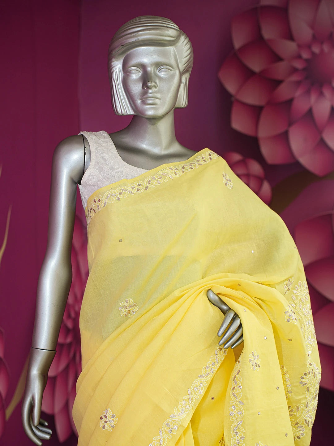 Ada Hand Embroidered Yellow Cotton Lucknowi Chikankari Saree/Blouse With Gota Patti Work 01A621257