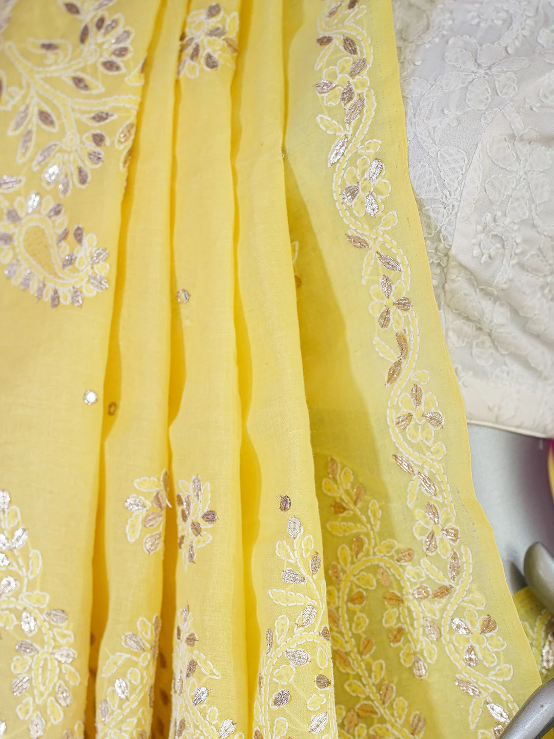 Ada Hand Embroidered Yellow Cotton Lucknowi Chikankari Saree/Blouse With Gota Patti Work 01A621257