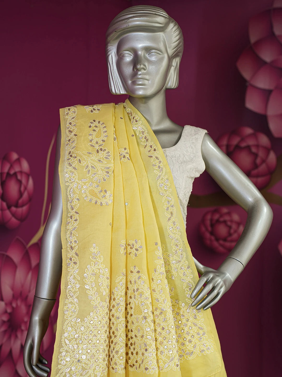 Ada Hand Embroidered Yellow Cotton Lucknowi Chikankari Saree/Blouse With Gota Patti Work 01A621257