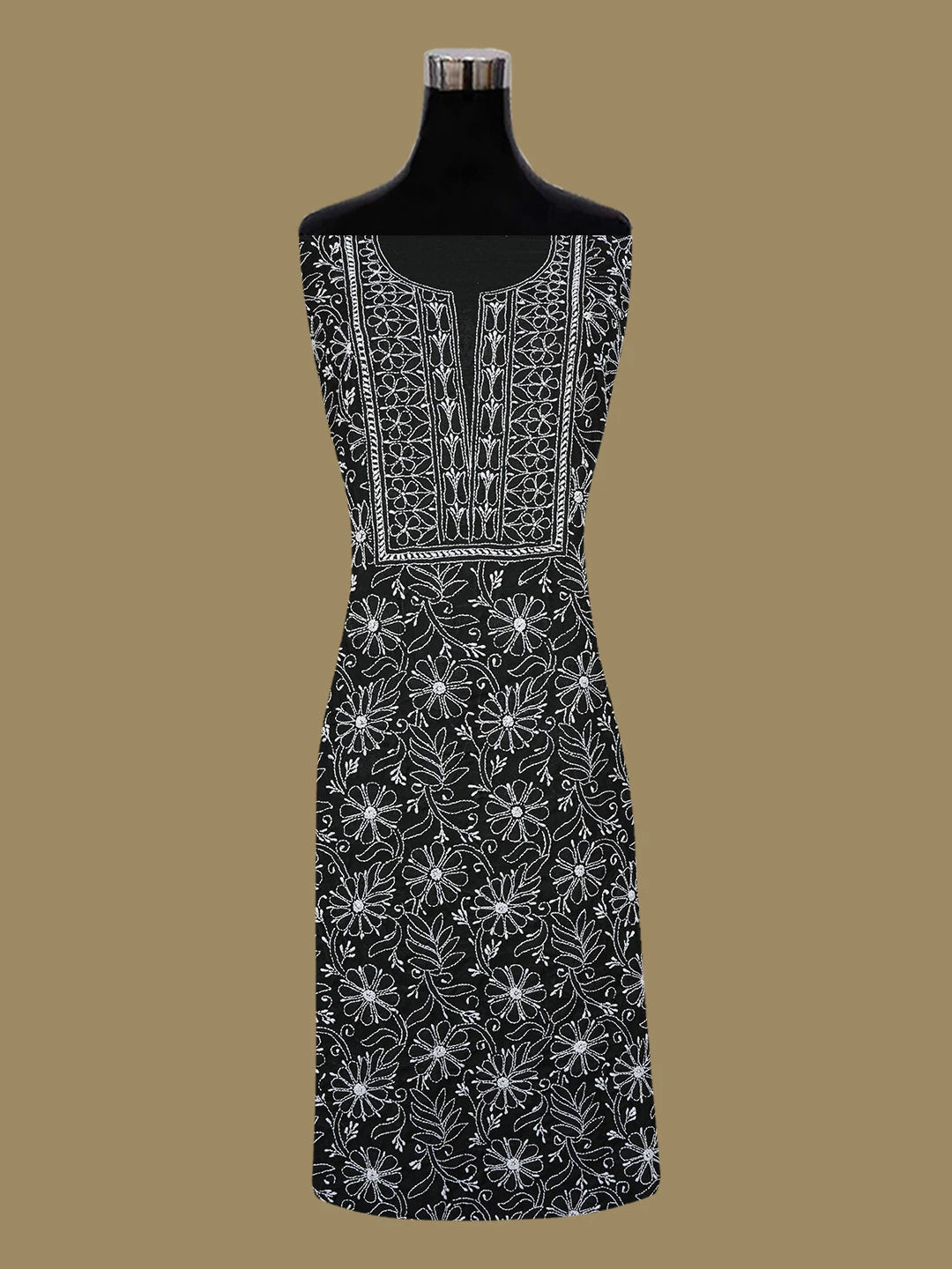 Ada Hand Embroidered Black Cotton Lucknowi Chikankari Unstitched Kurta Piece 01A607258