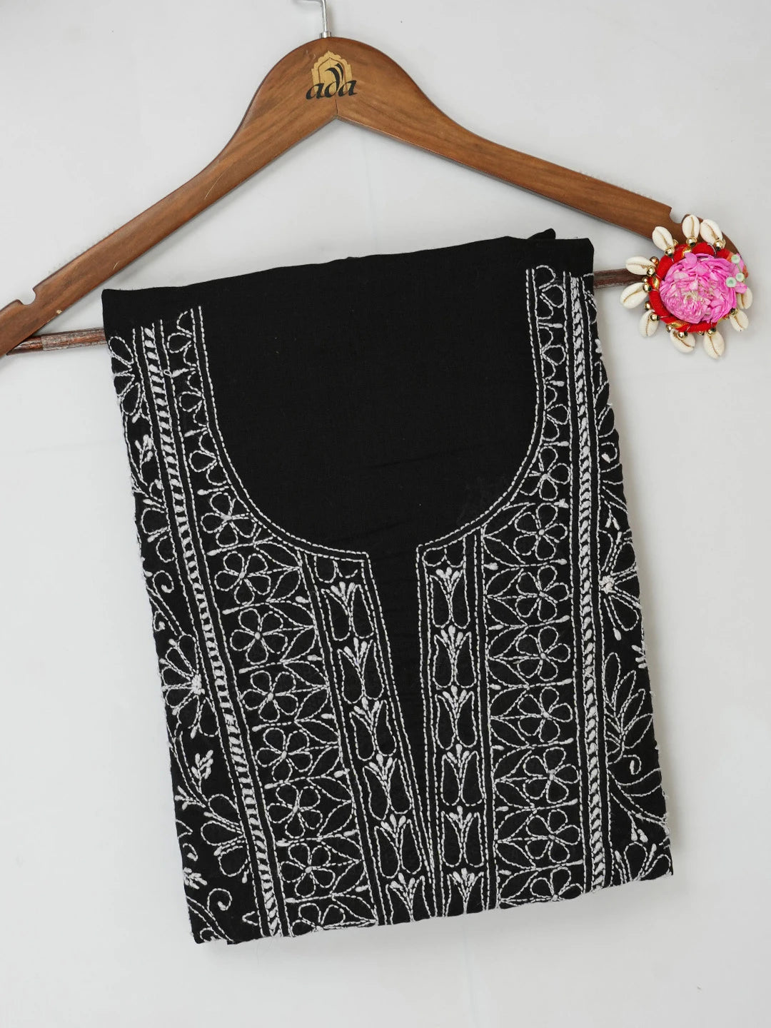 Ada Hand Embroidered Black Cotton Lucknowi Chikankari Unstitched Kurta Piece 01A607258