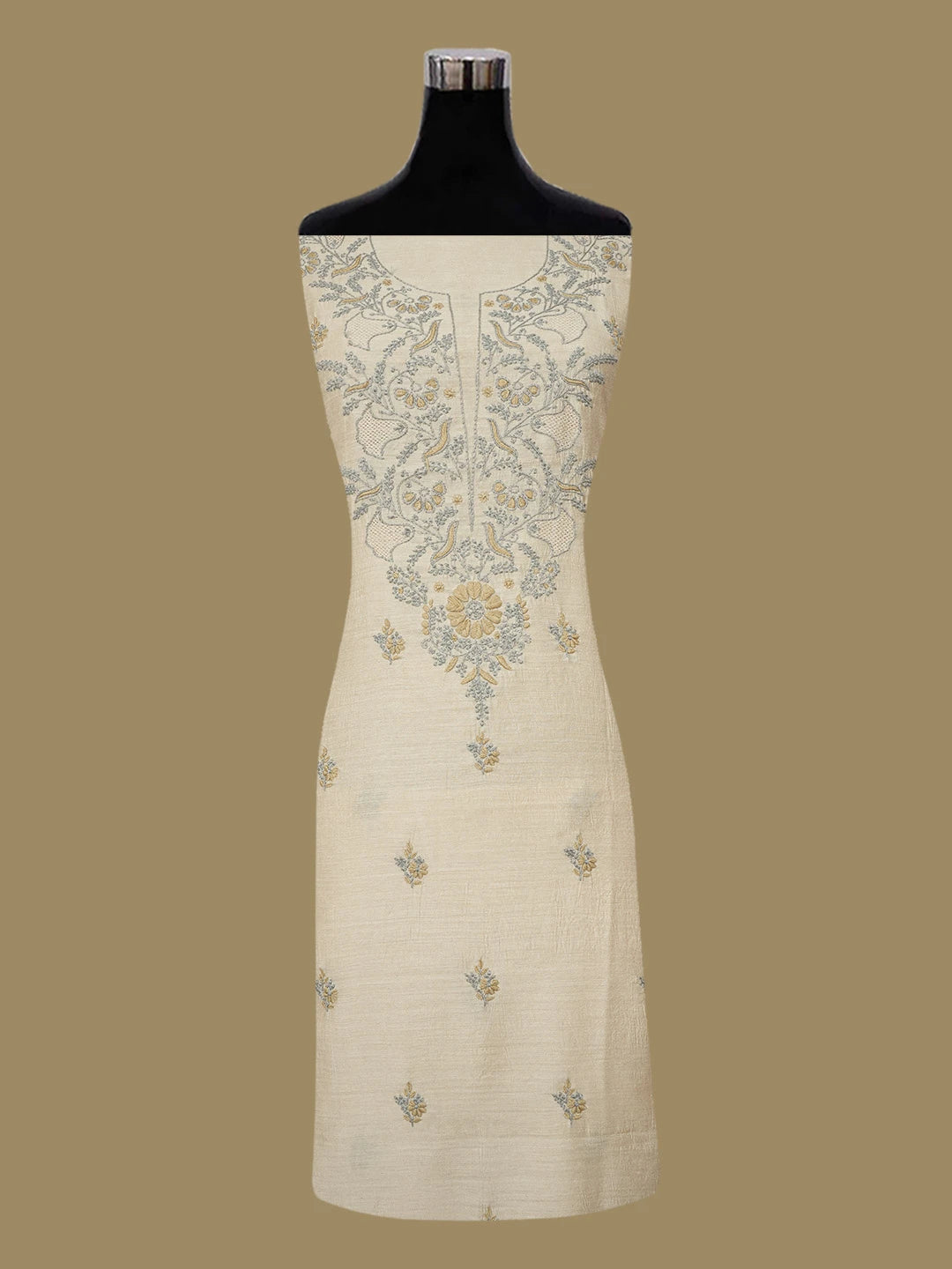 Ada Hand Embroidered Fawn Moonga Silk Lucknowi Chikankari Unstitched Kurta Dupatta Set 01A641527