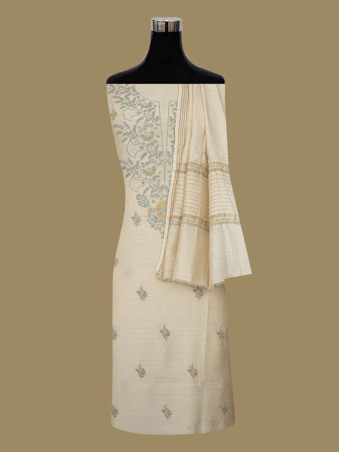 Ada Hand Embroidered Fawn Moonga Silk Lucknowi Chikankari Unstitched Kurta Dupatta Set 01A641527
