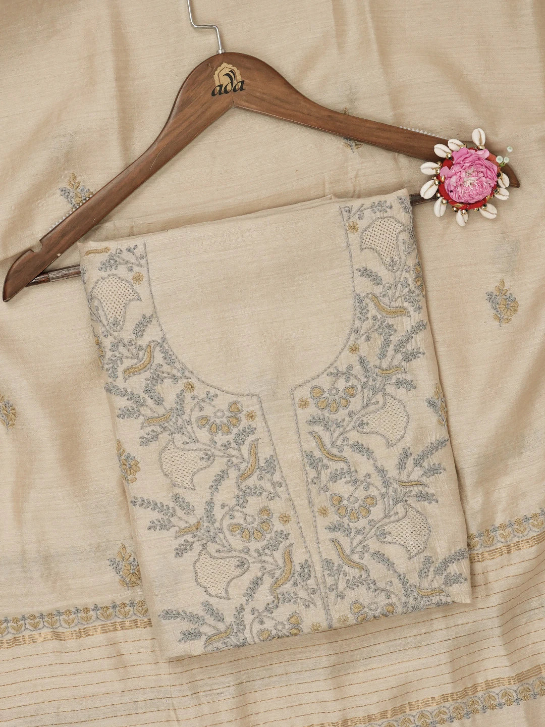 Ada Hand Embroidered Fawn Moonga Silk Lucknowi Chikankari Unstitched Kurta Dupatta Set 01A641527