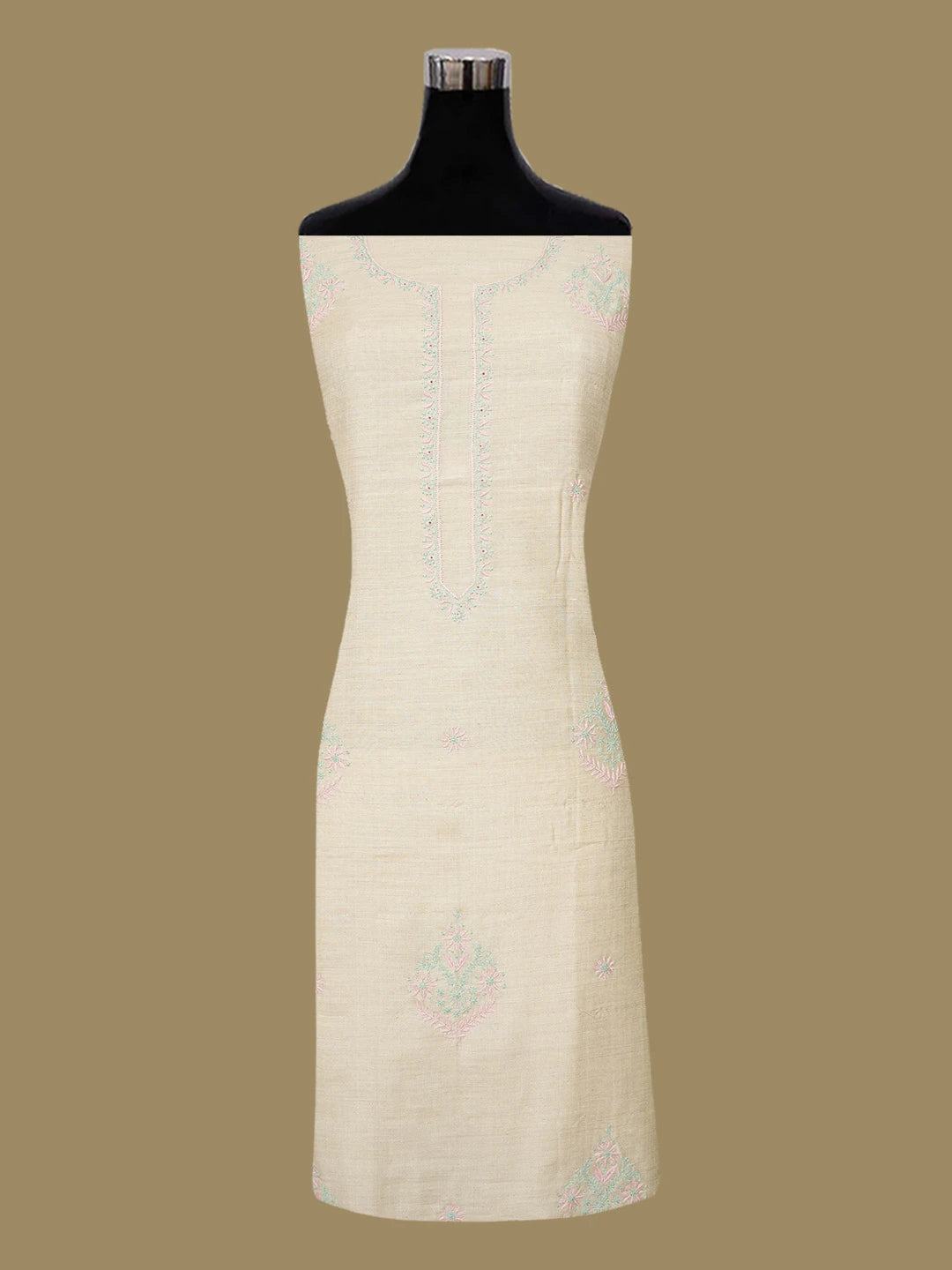 Ada Hand Embroidered Fawn Moonga Silk Lucknowi Chikankari Unstitched Kurta Dupatta Set 01A634590
