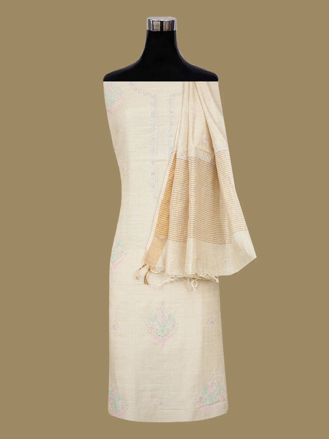 Ada Hand Embroidered Fawn Moonga Silk Lucknowi Chikankari Unstitched Kurta Dupatta Set 01A634590