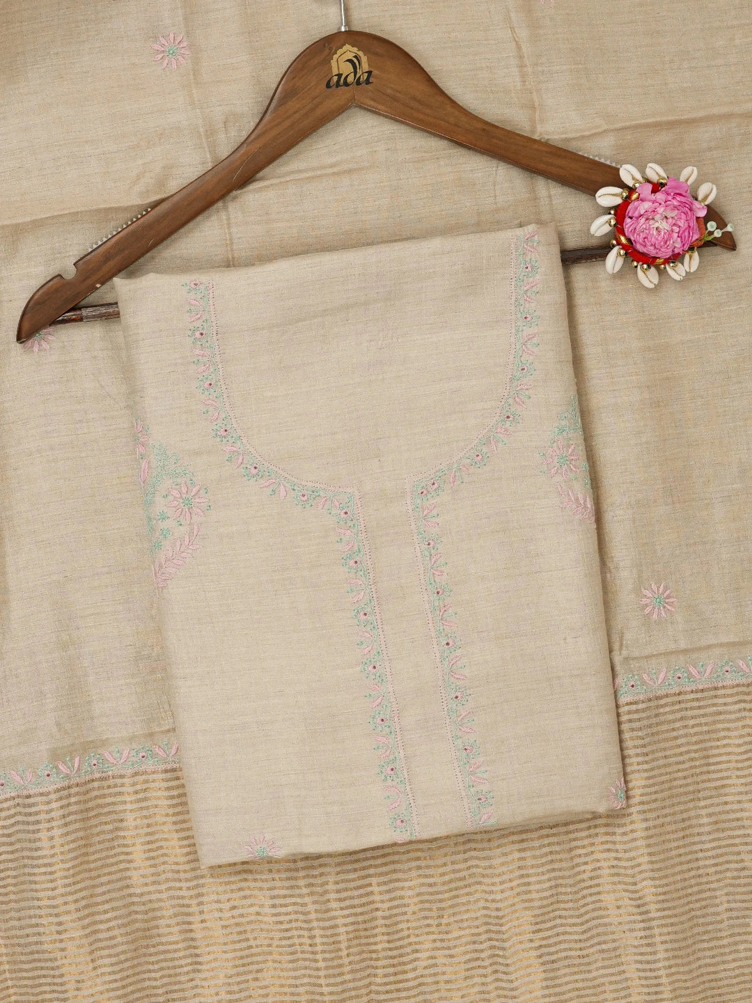 Ada Hand Embroidered Fawn Moonga Silk Lucknowi Chikankari Unstitched Kurta Dupatta Set 01A634590