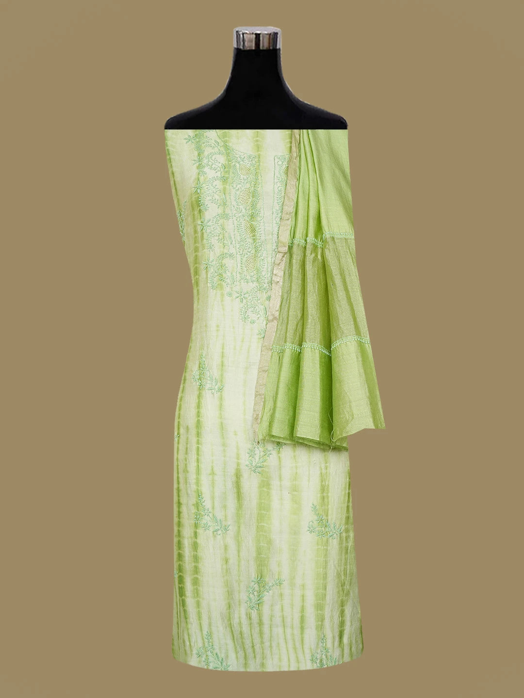 Ada Hand Embroidered Lime Green Silk Lucknowi Chikankari Unstitched Kurta Dupatta Set 01A641978