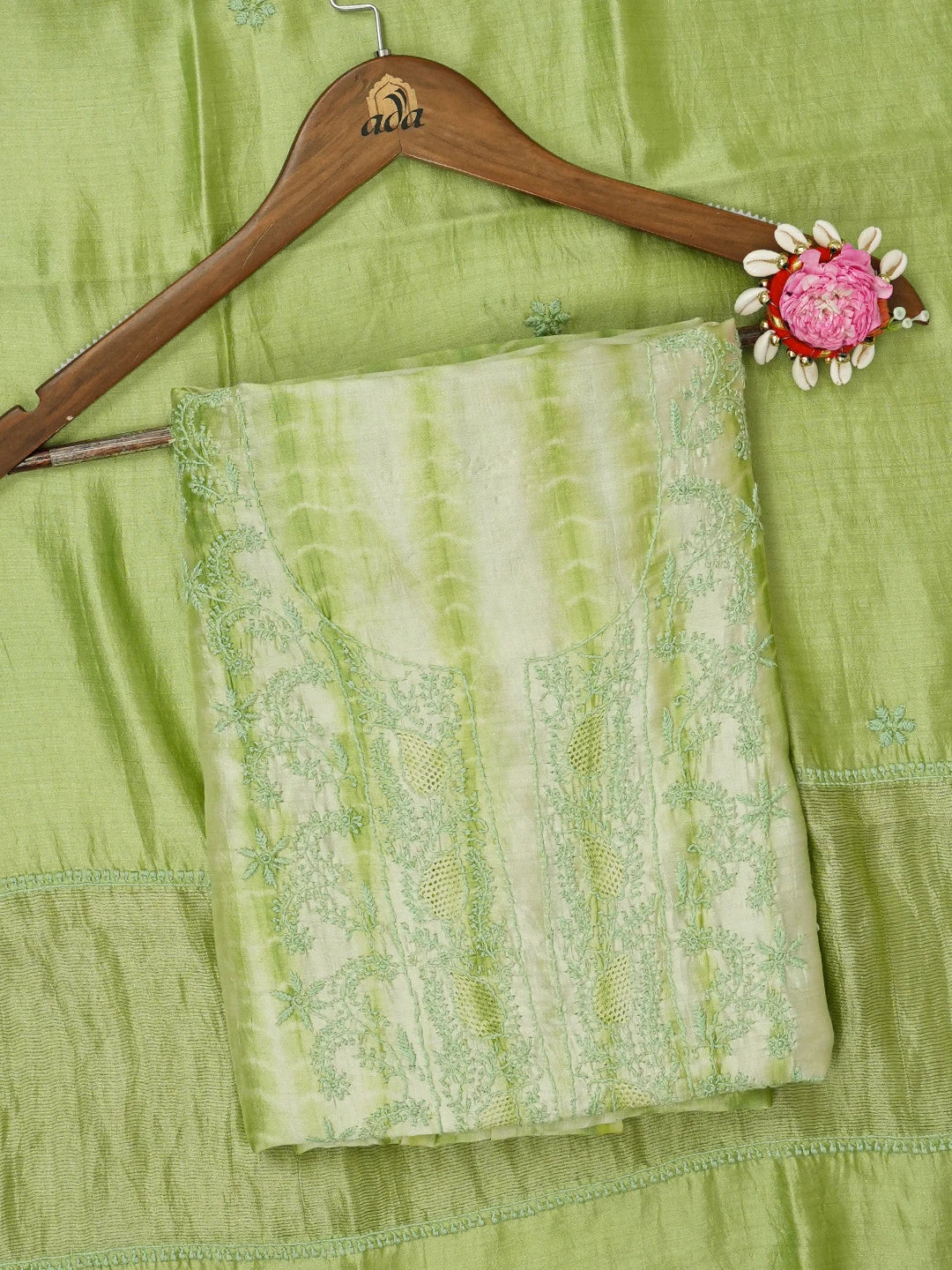 Ada Hand Embroidered Lime Green Silk Lucknowi Chikankari Unstitched Kurta Dupatta Set 01A641978