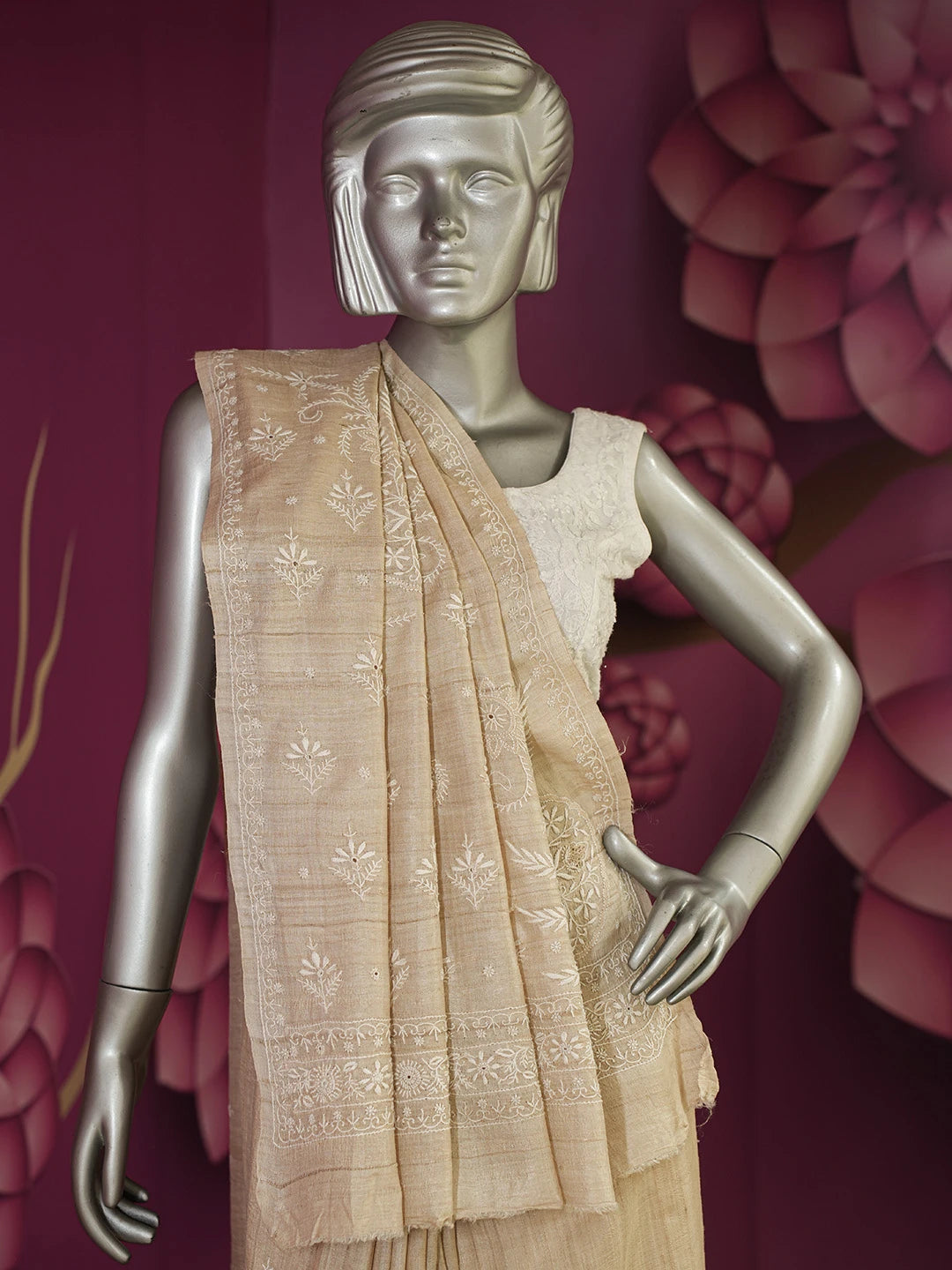 Ada Hand Embroidered Fawn Moonga Silk Lucknowi Chikankari Saree and Blouse 01A596717
