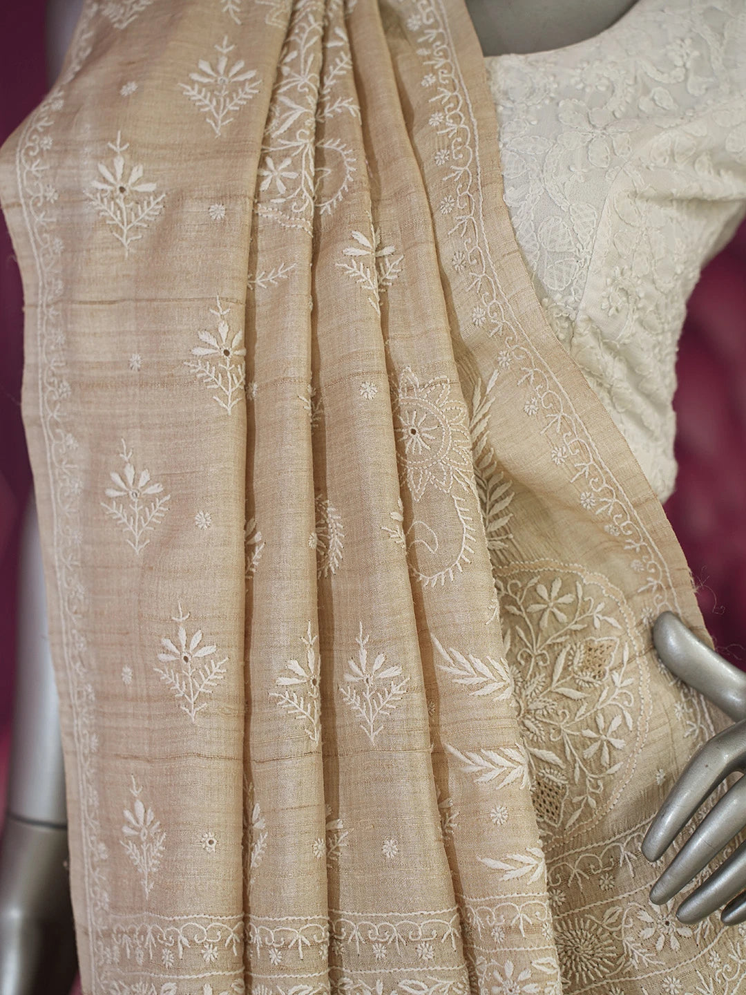 Ada Hand Embroidered Fawn Moonga Silk Lucknowi Chikankari Saree and Blouse 01A596717