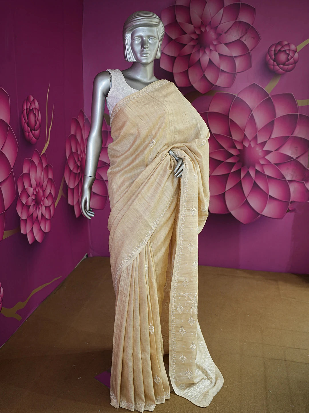 Ada Hand Embroidered Fawn Moonga Silk Lucknowi Chikankari Saree and Blouse 01A596717
