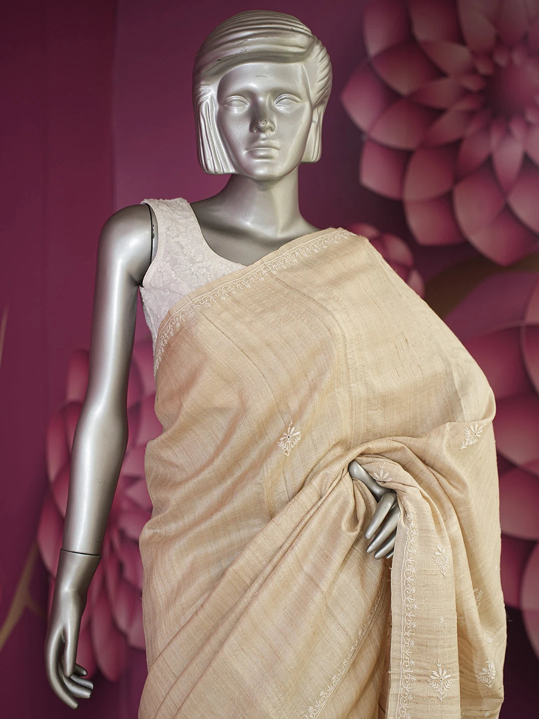 Ada Hand Embroidered Fawn Moonga Silk Lucknowi Chikankari Saree and Blouse 01A596717