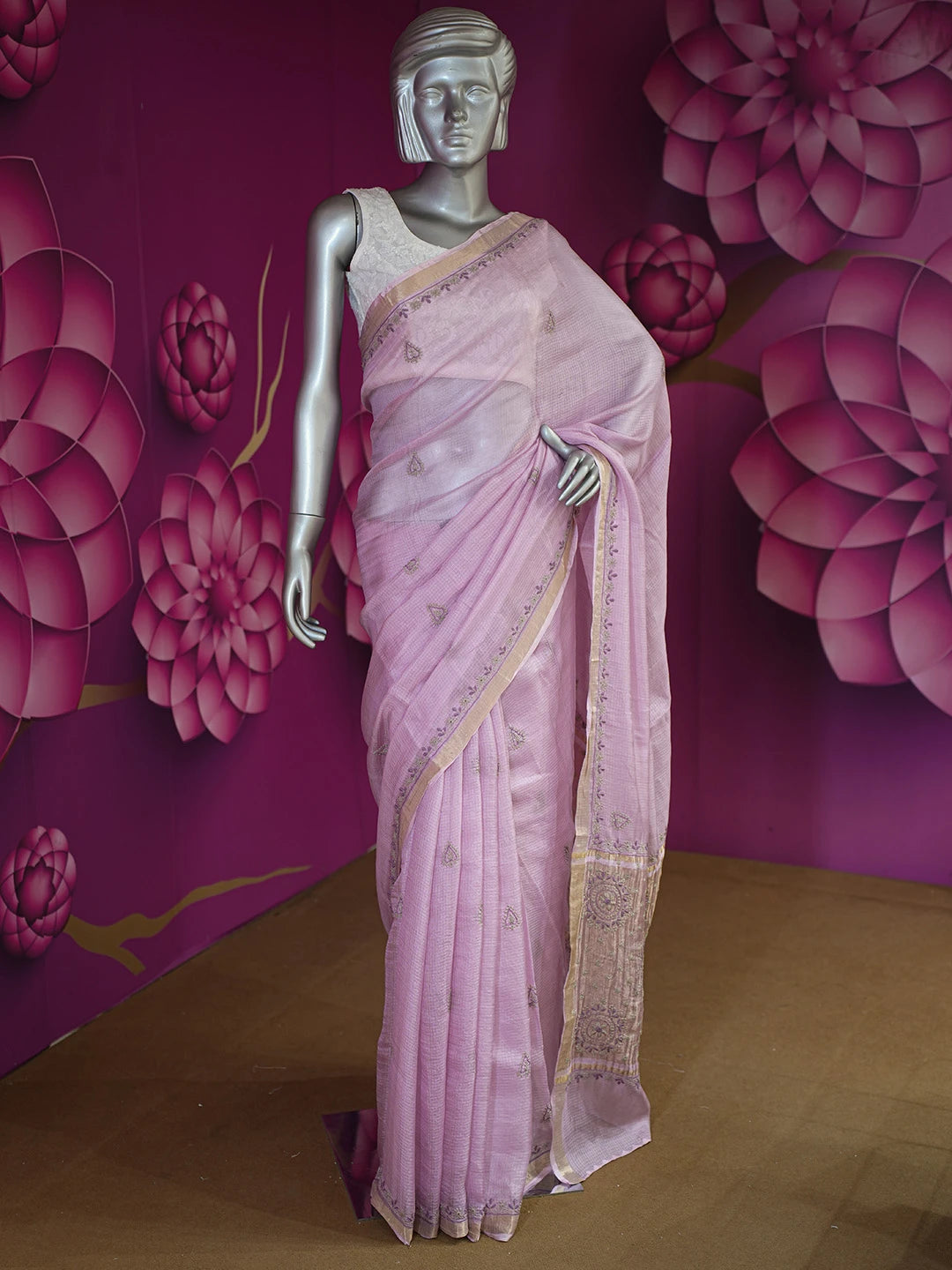 Ada Hand Embroidered Mauve Kota Silk Lucknowi Chikankari Saree and Blouse 01A604709